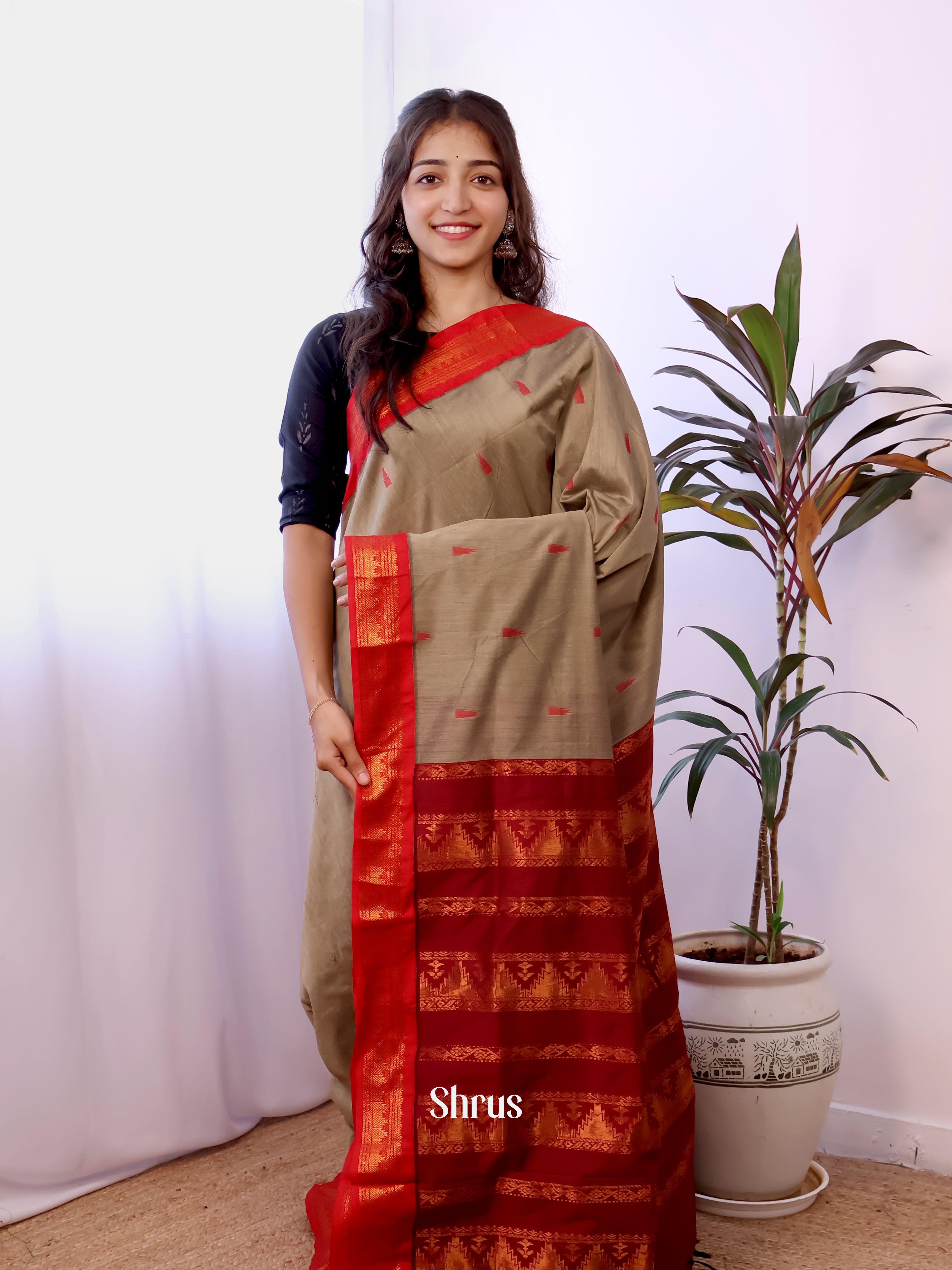 Grey & Maroon - Kalyani Cotton Saree - Shop on Shrus.com