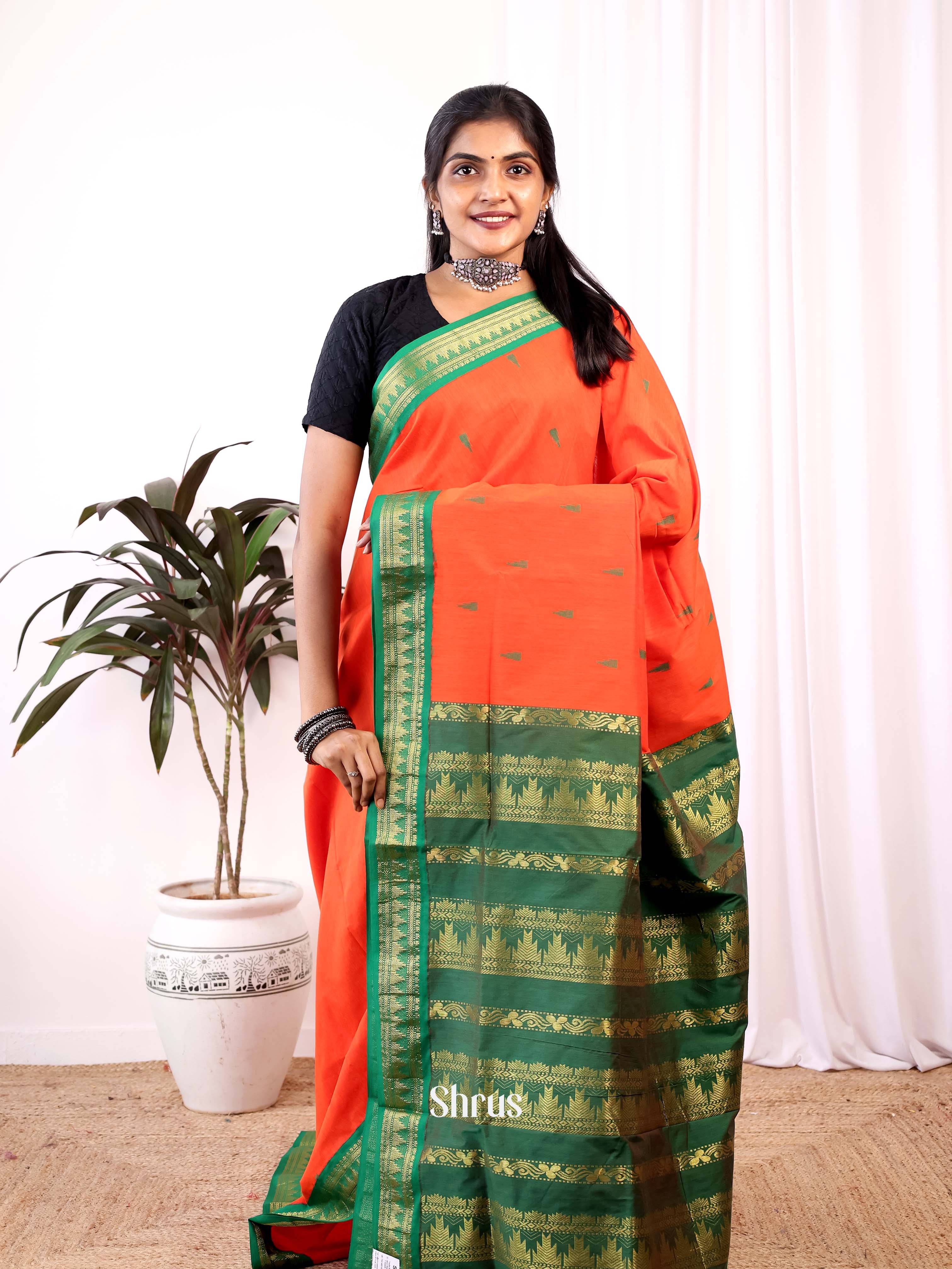 Orange & Green - Kalyani Cotton Saree - Shop on Shrus.com