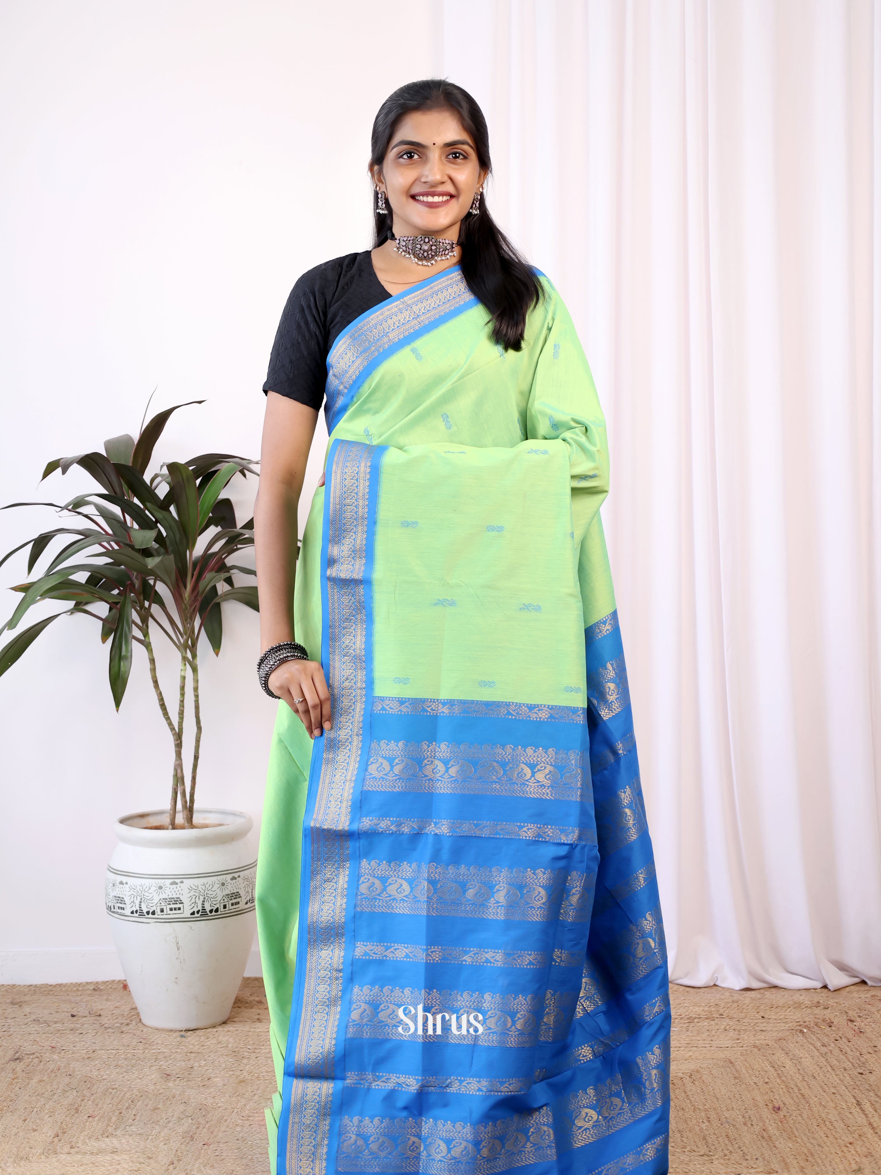 Pista Green & Blue - Kalyani Cotton Saree - Shop on Shrus.com