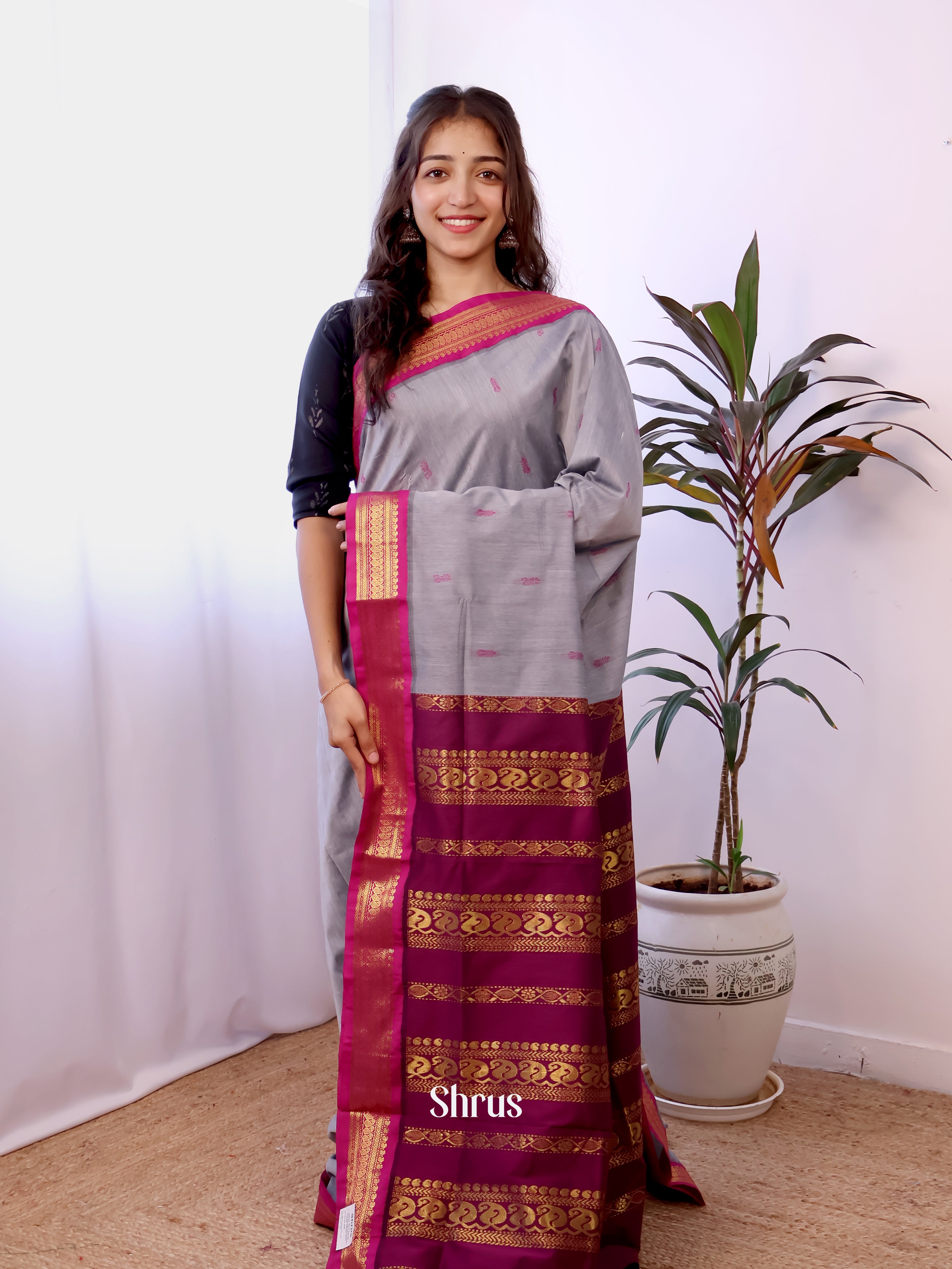 Grey & Purple - Kalyani Cotton Saree - Shop on Shrus.com