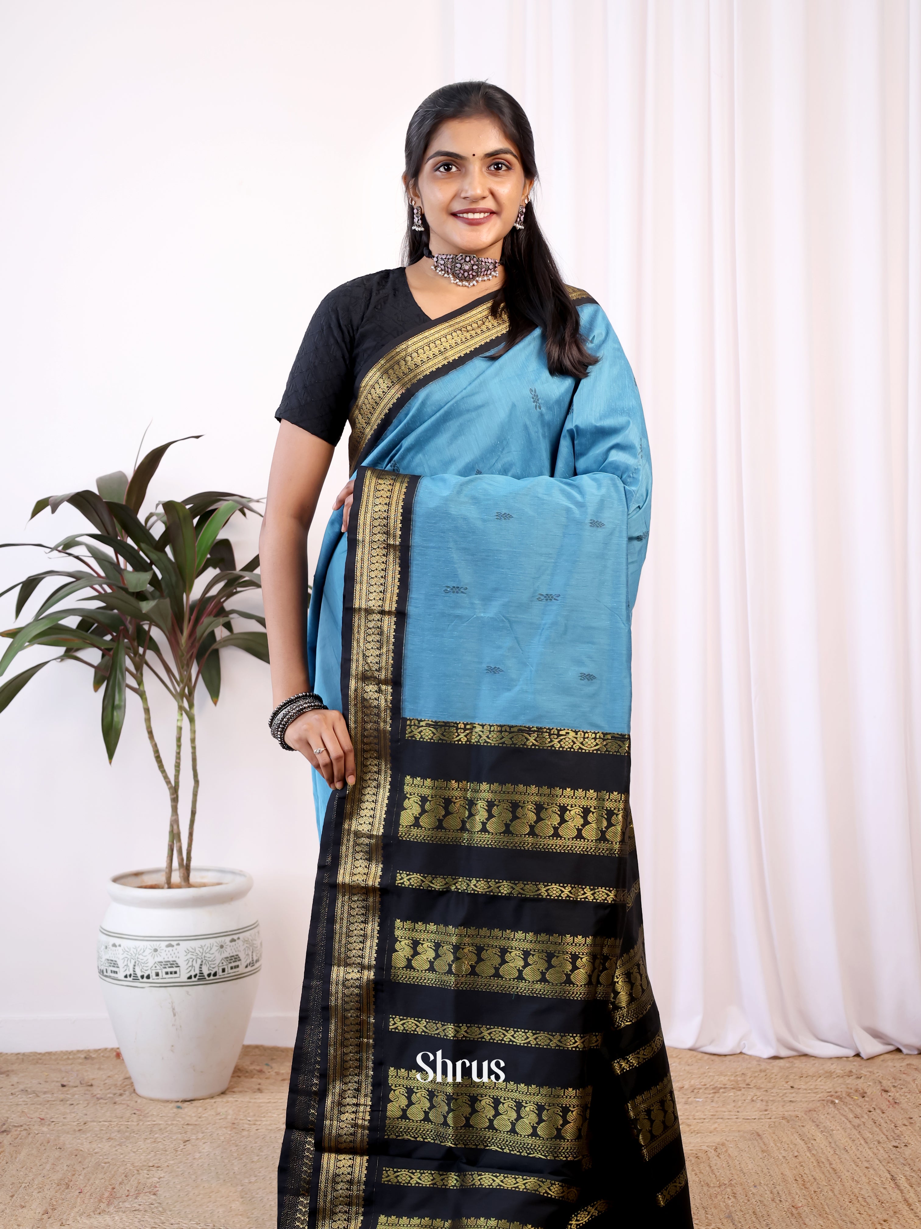 Blue & Black - Kalyani Cotton Saree - Shop on Shrus.com