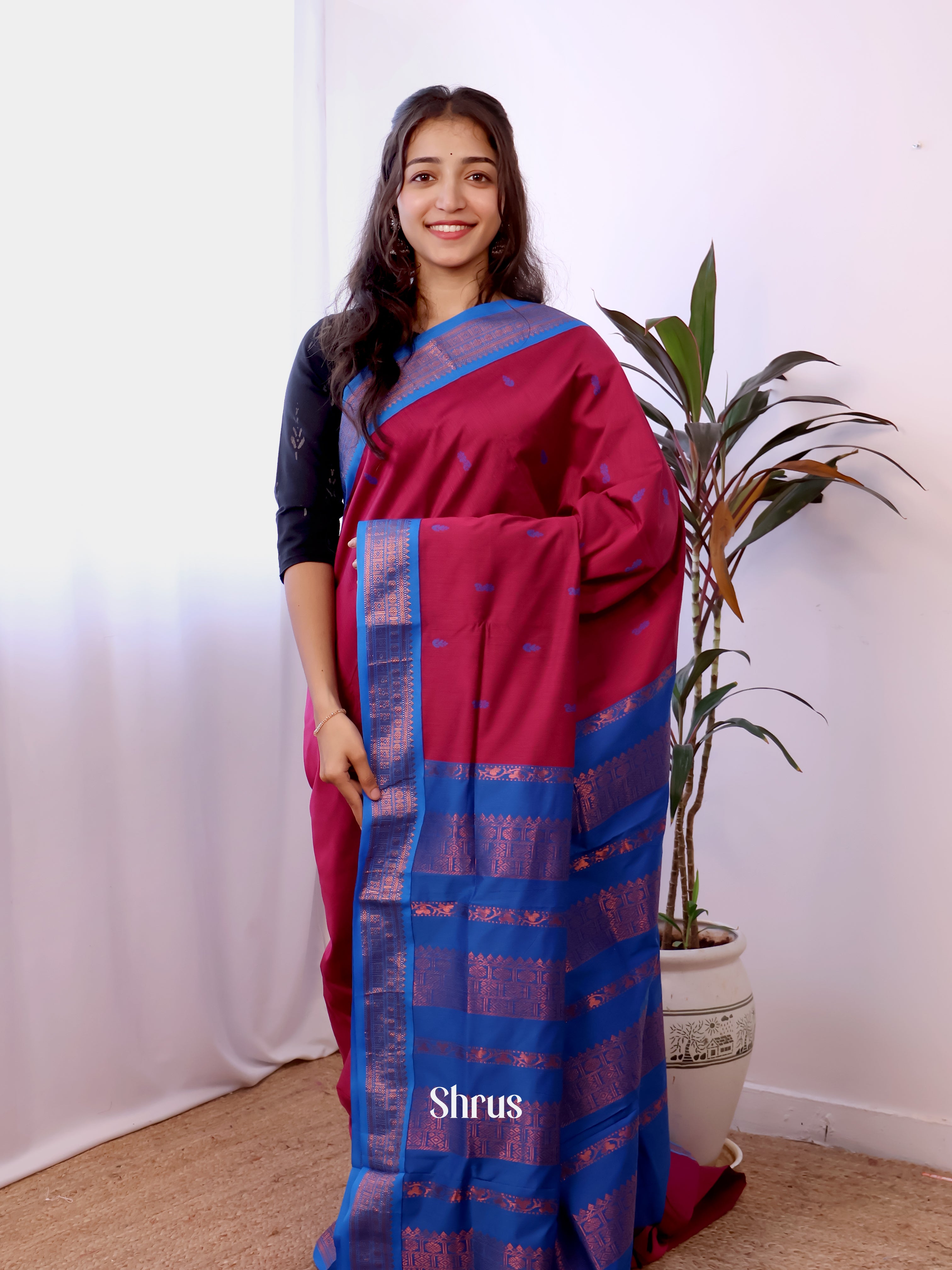 Maroon & Blue - Kalyani Cotton Saree - Shop on Shrus.com