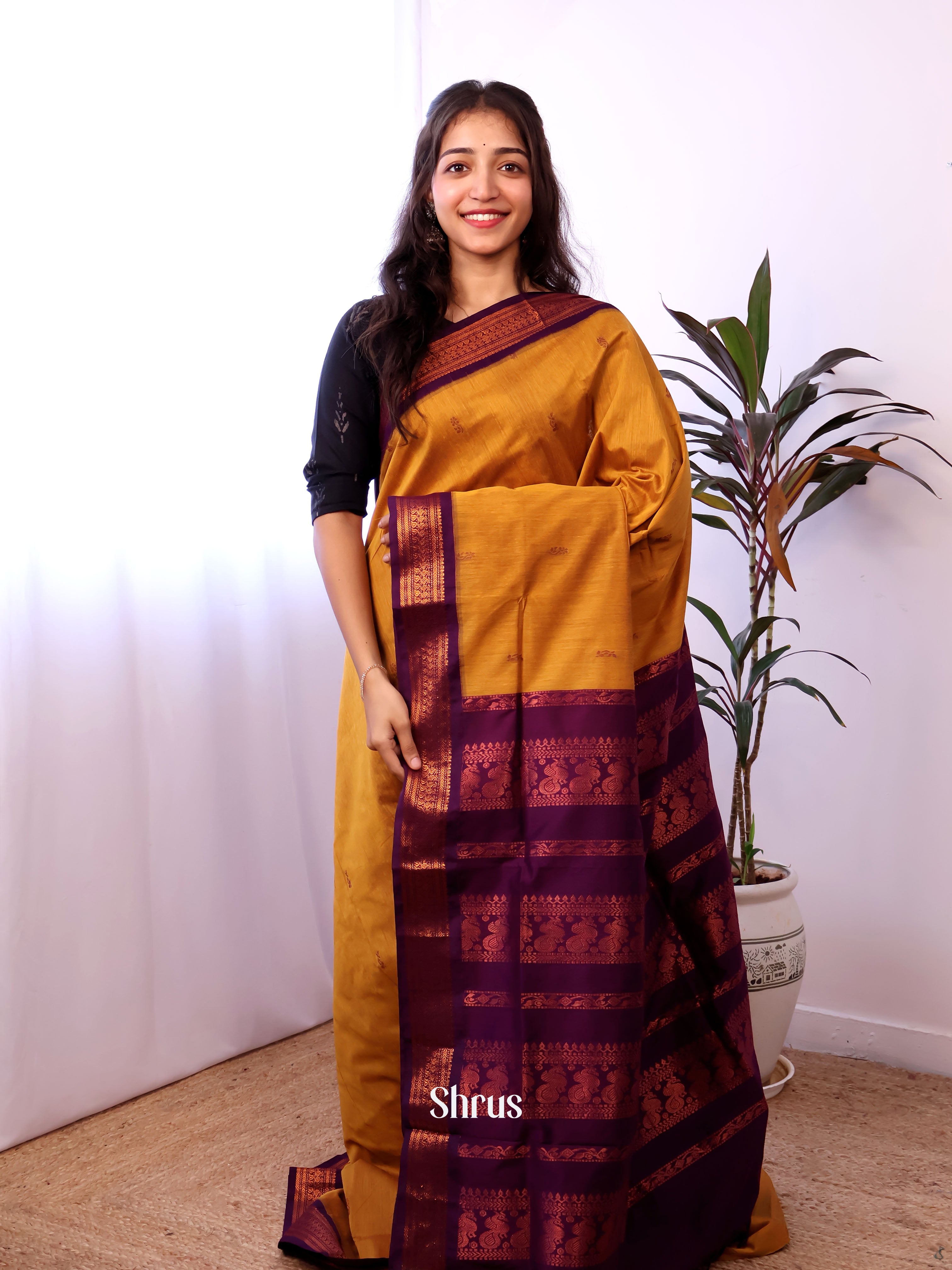 Mustard & Purple- Kalyani Cotton Saree - Shop on Shrus.com