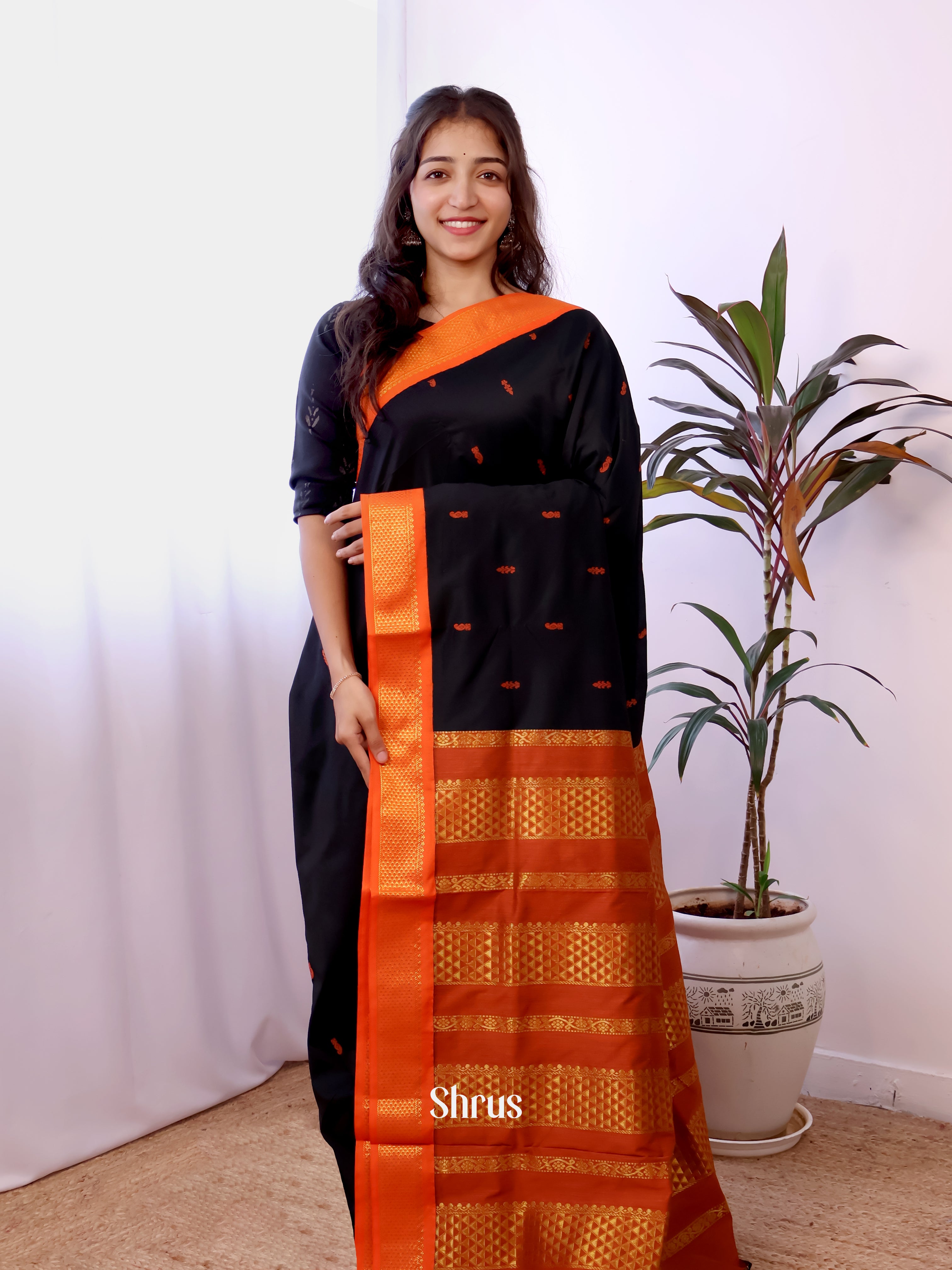 Black & Orange - Kalyani Cotton Saree - Shop on Shrus.com