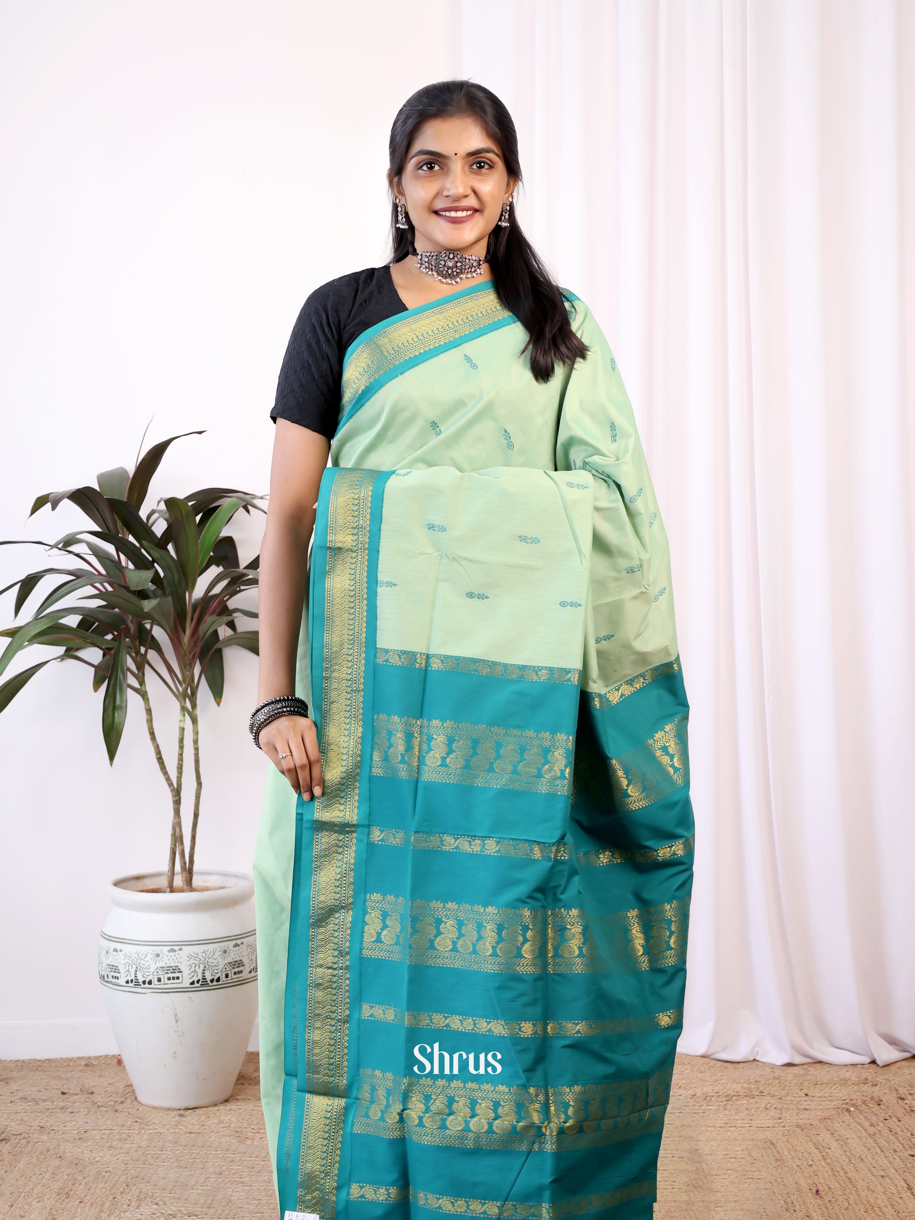 Lite Green & Green - Kalyani Cotton Saree - Shop on Shrus.com