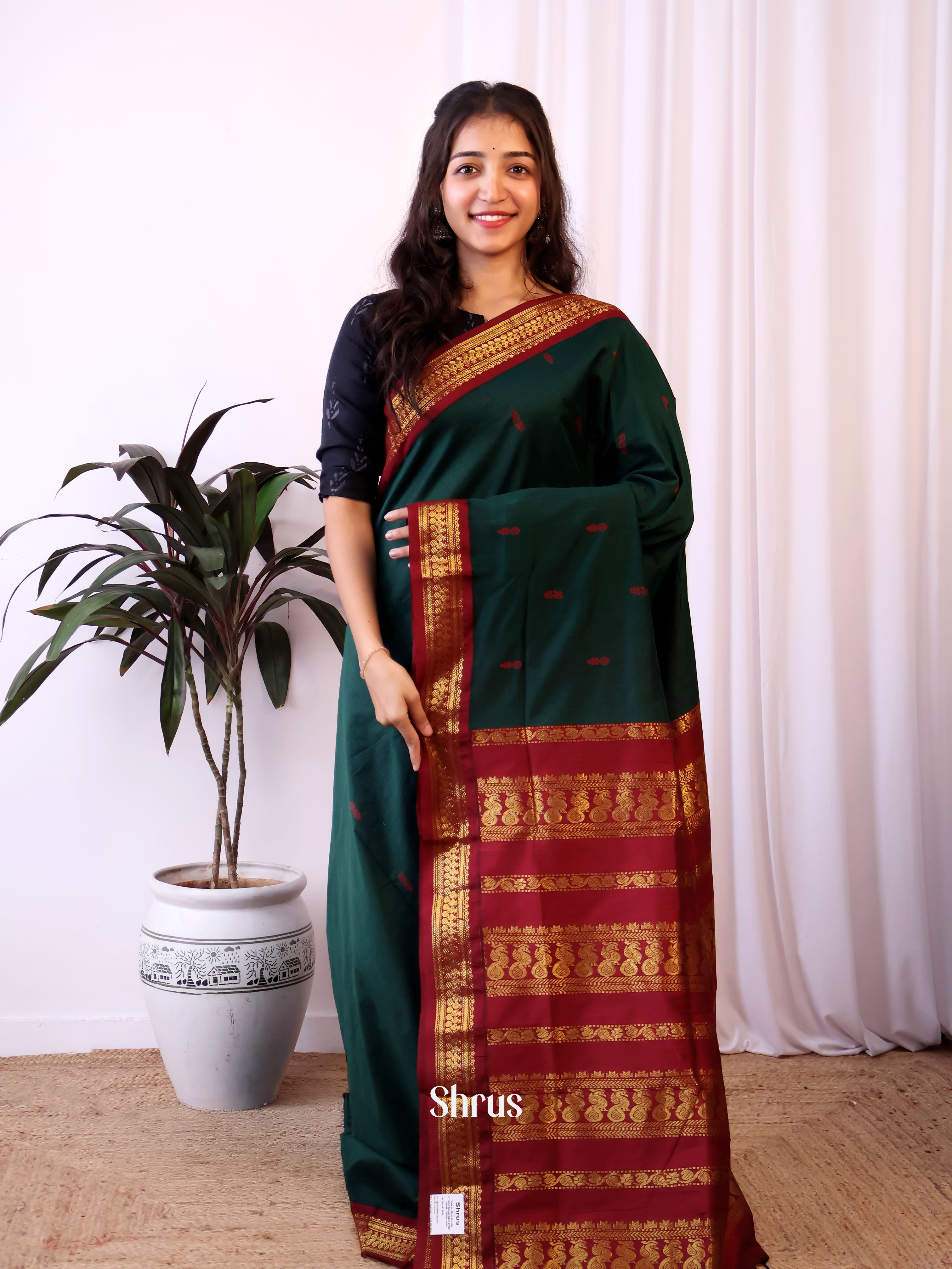 Green & Maroon - Kalyani Cotton Saree - Shop on Shrus.com