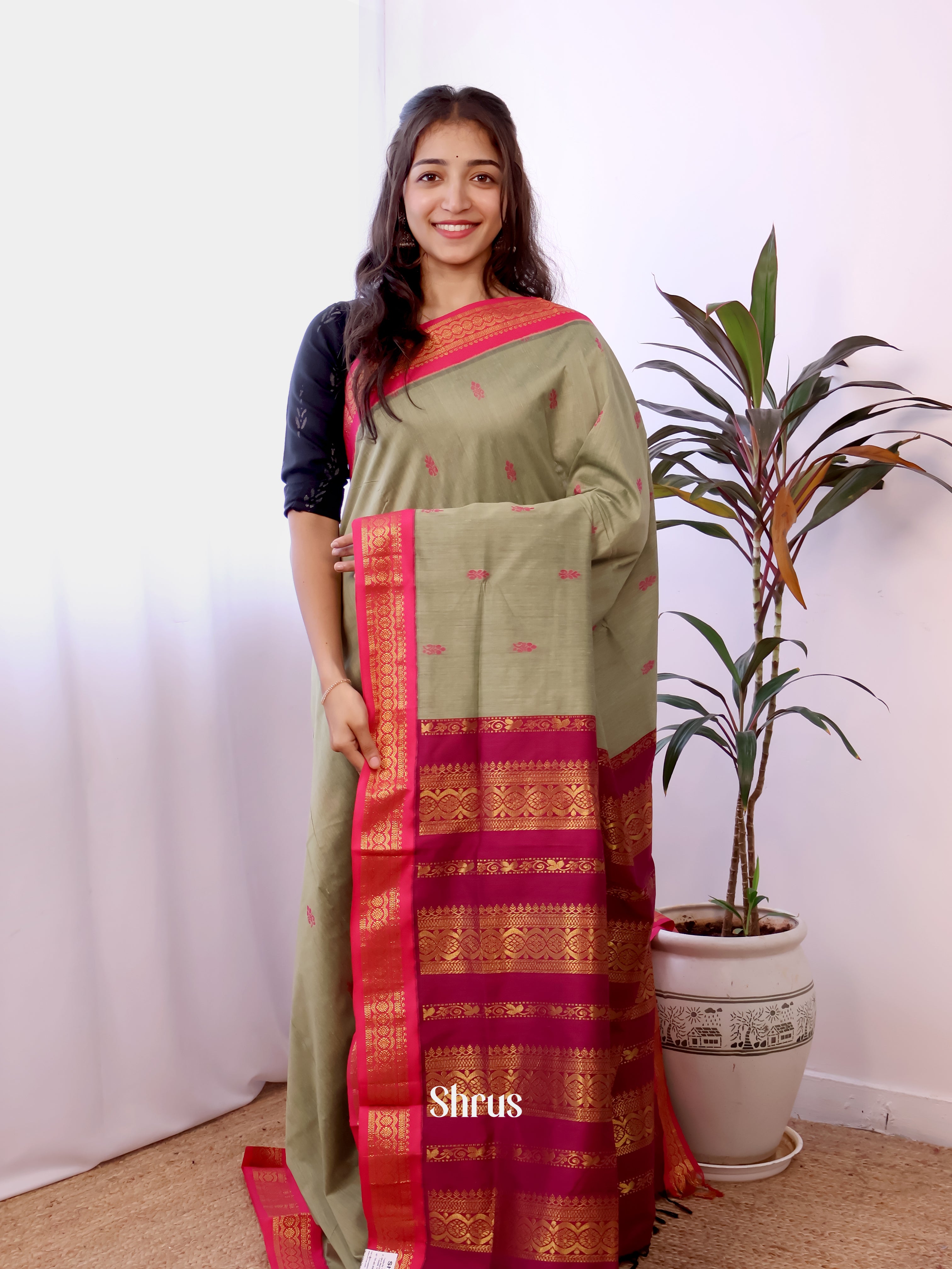 Grey & Pink - Kalyani Cotton Saree - Shop on Shrus.com