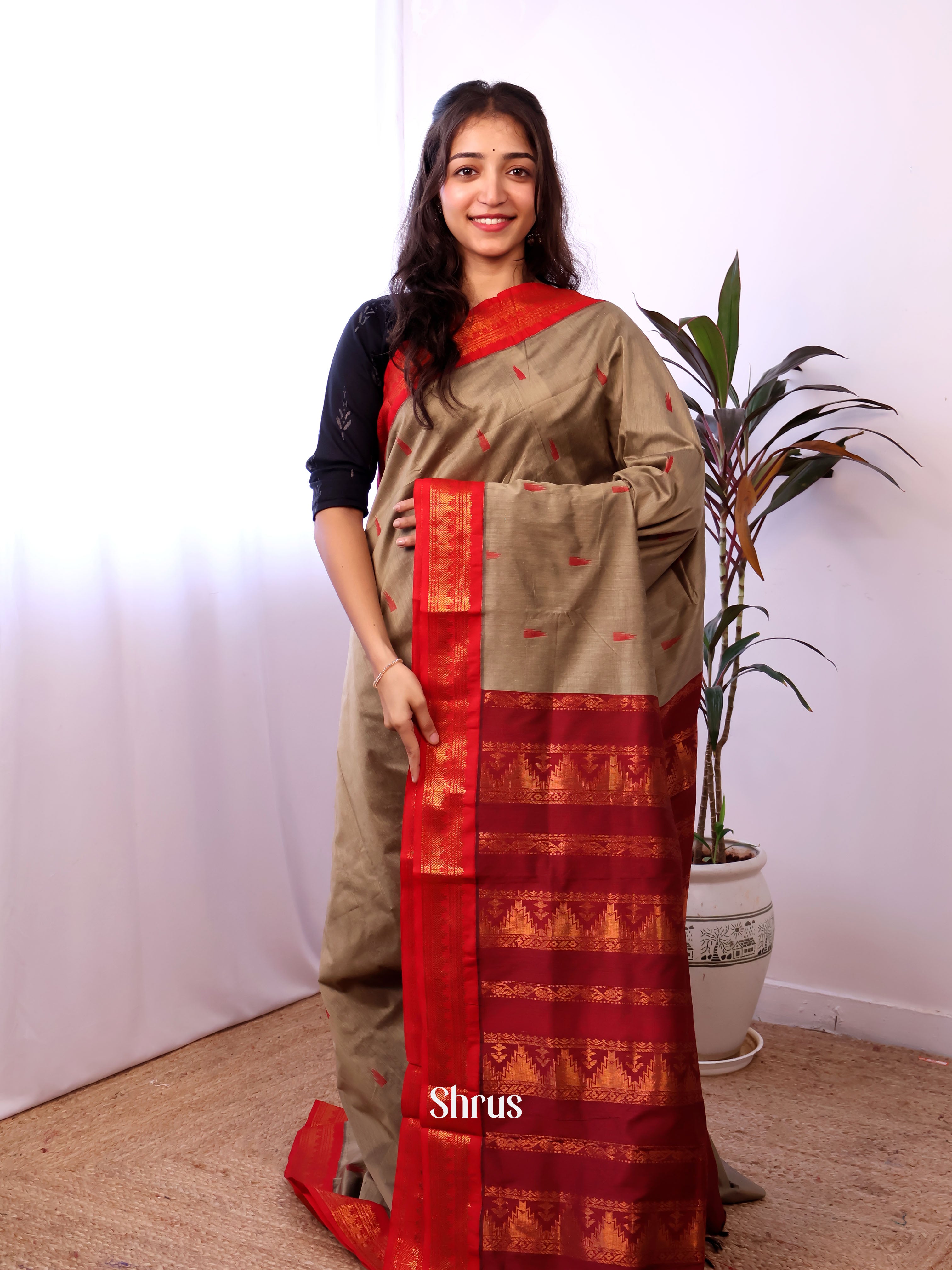 Grey & Maroon - Kalyani Cotton Saree - Shop on Shrus.com