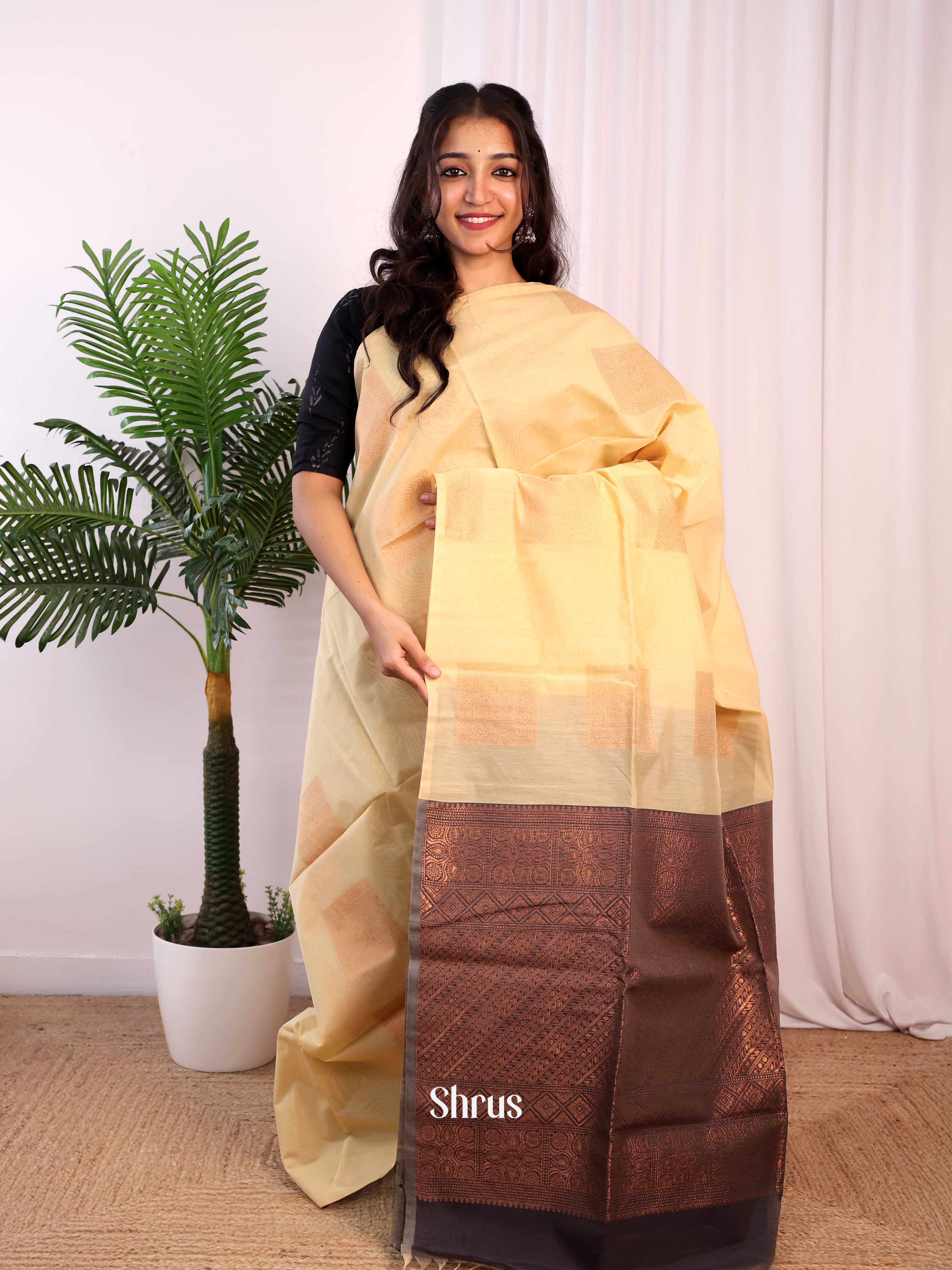 Beige & Brown - Semi Silkcotton Saree - Shop on Shrus.com