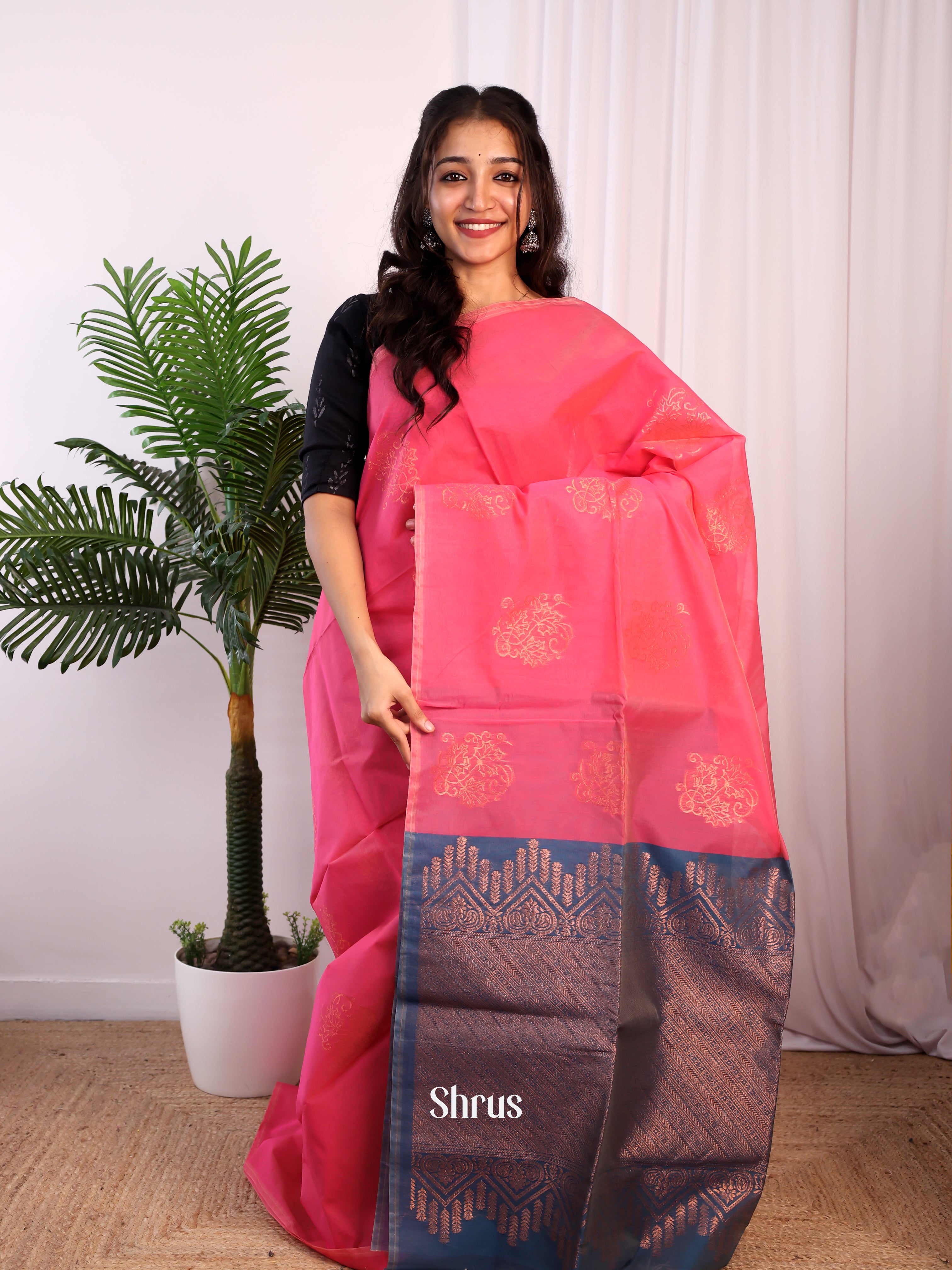 Pink & Navy Blue - Semi Silkcotton Saree - Shop on Shrus.com