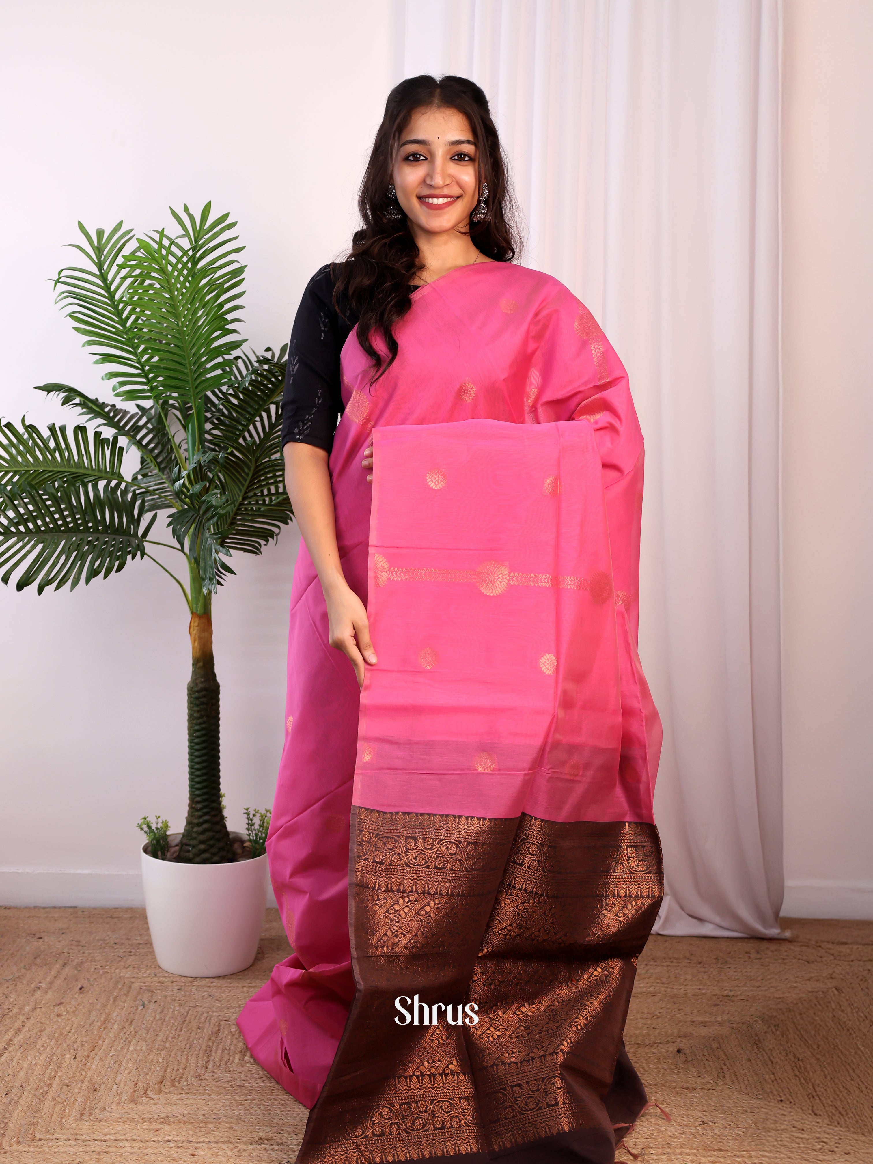 Pink & Brown - Semi Silkcotton Saree - Shop on Shrus.com