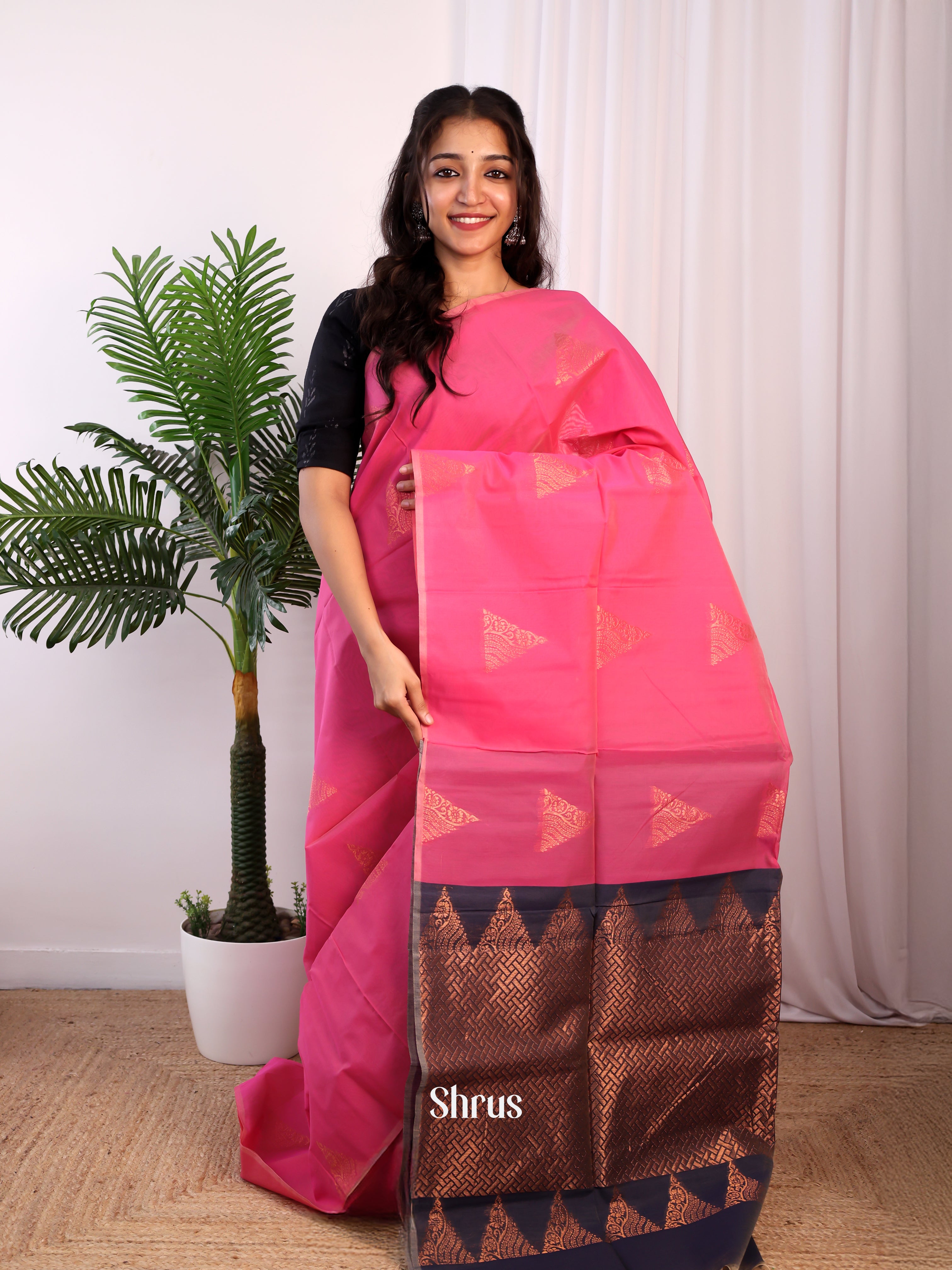 Pink & Brown - Semi Silkcotton Saree - Shop on Shrus.com