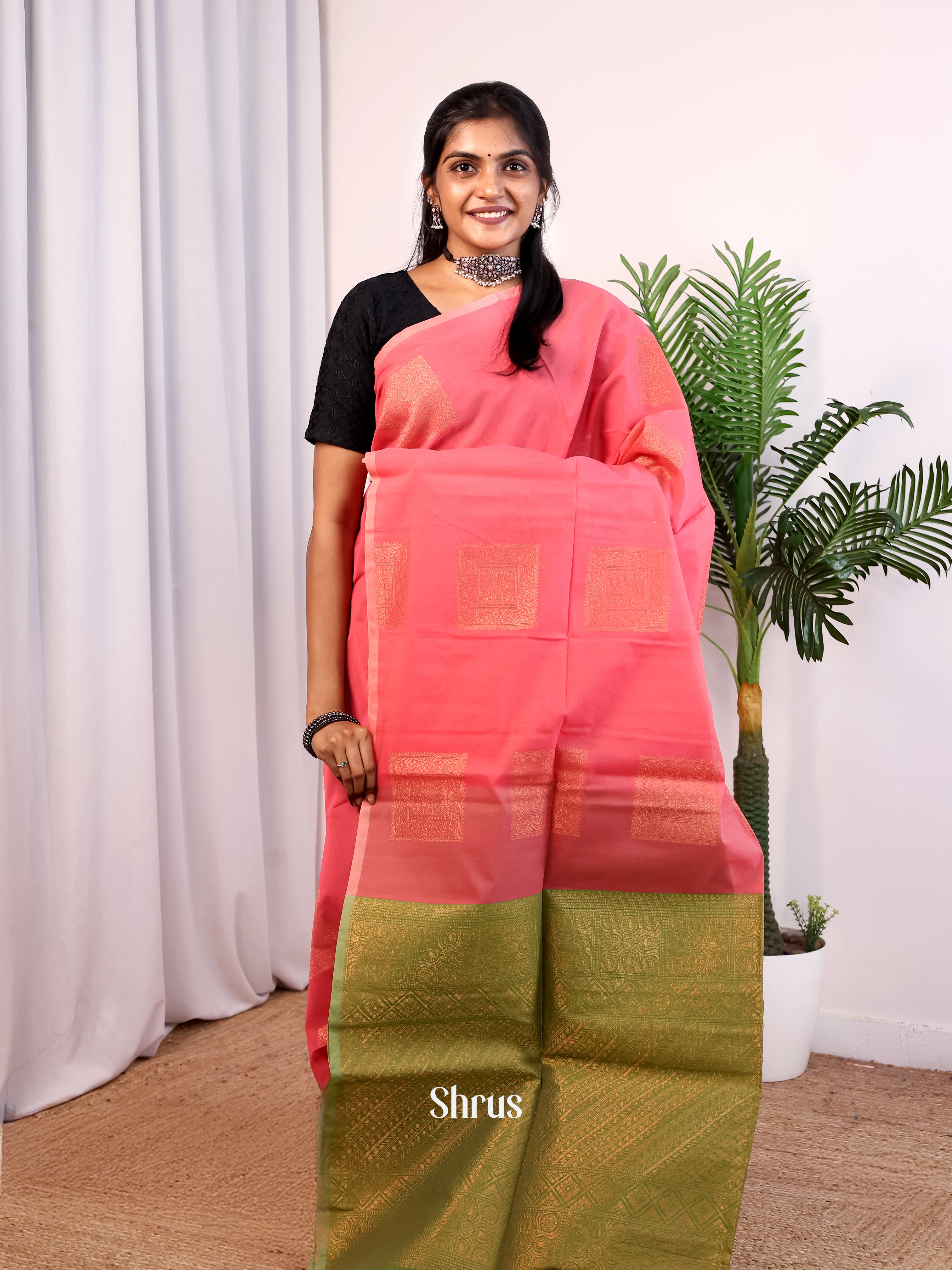 Pink & Green - Semi Silkcotton Saree - Shop on Shrus.com