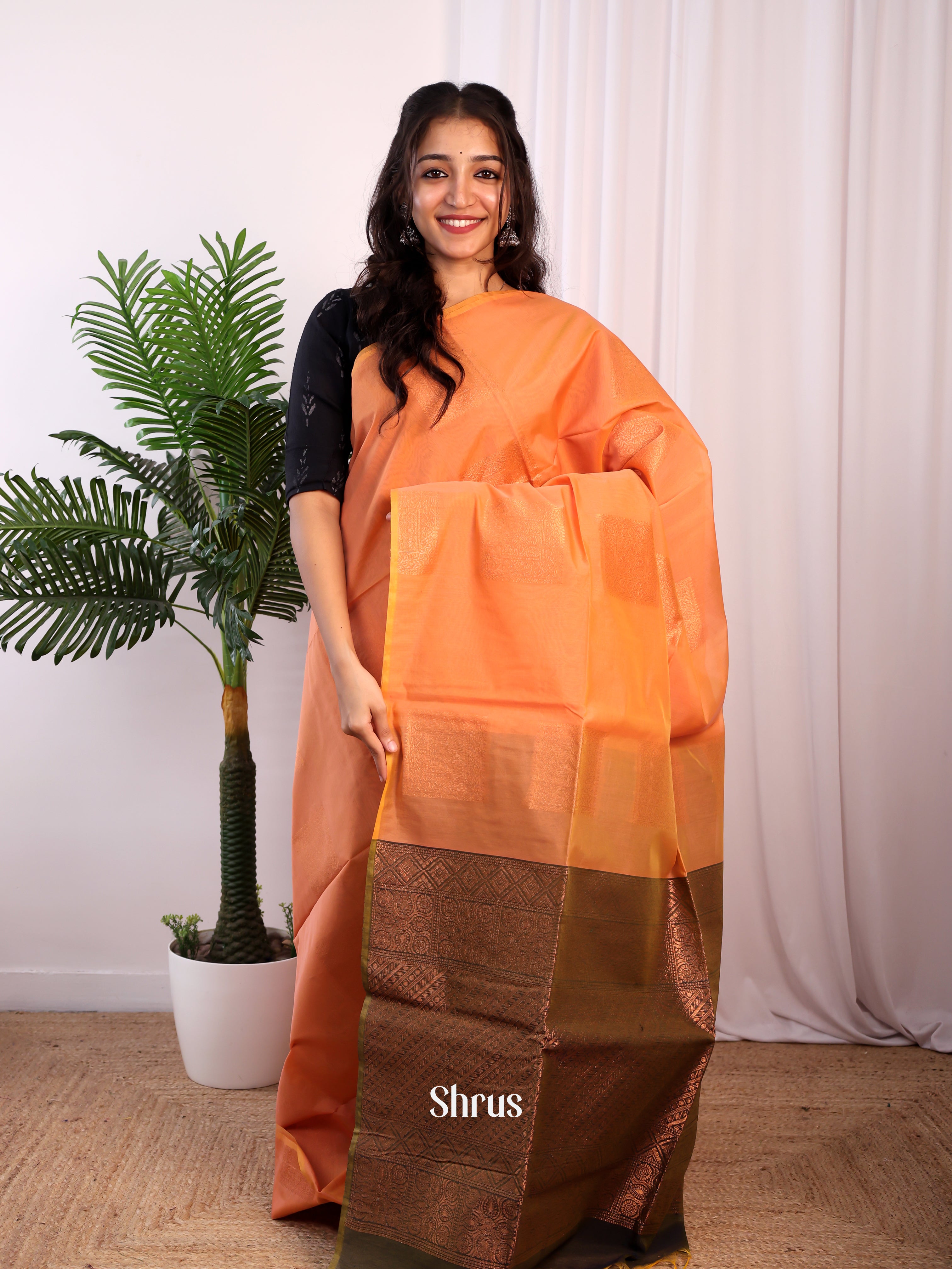 Orange & Brown - Semi Silkcotton Saree - Shop on Shrus.com