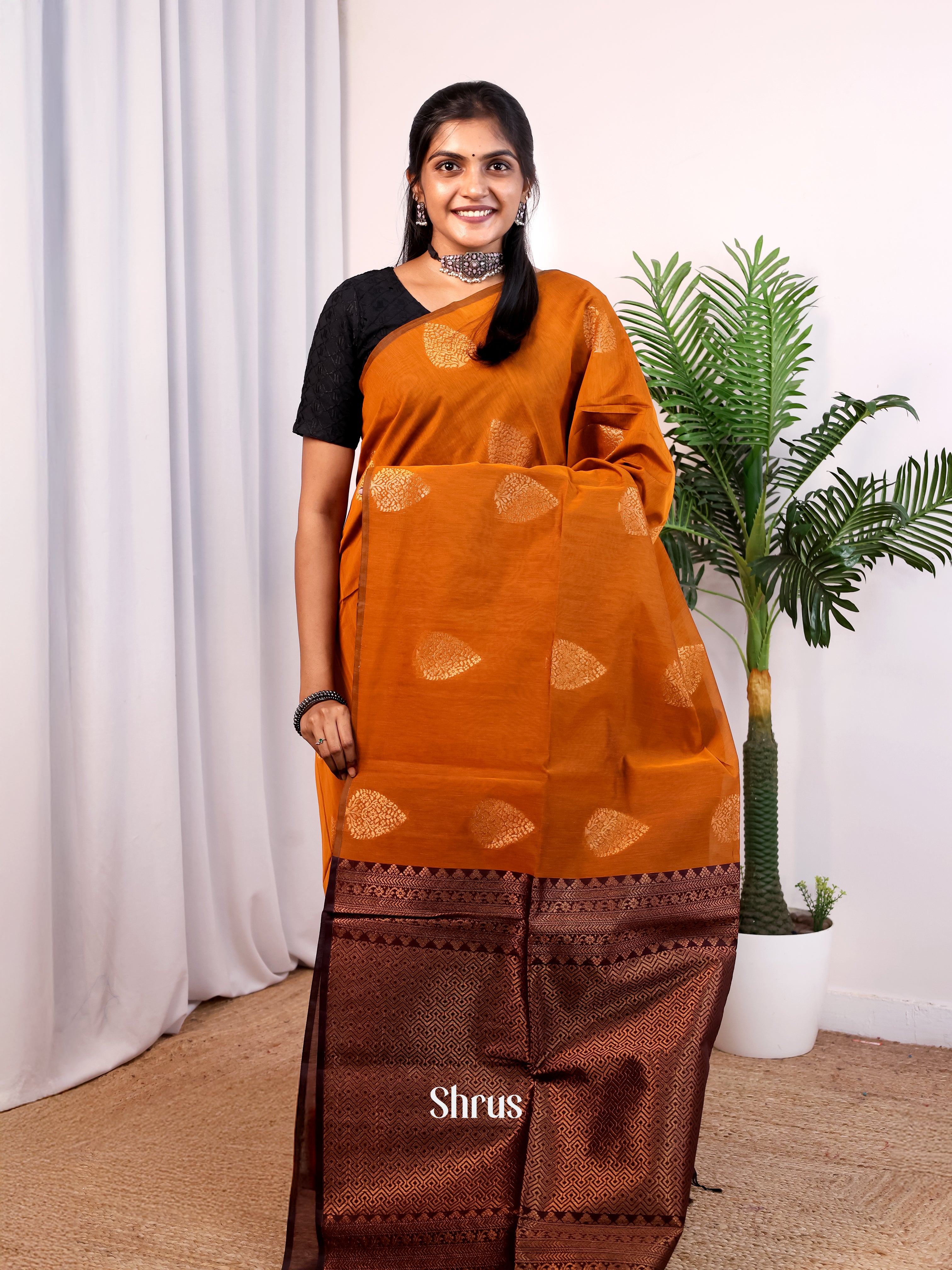 Mustard & Brown - Semi Silkcotton Saree - Shop on Shrus.com