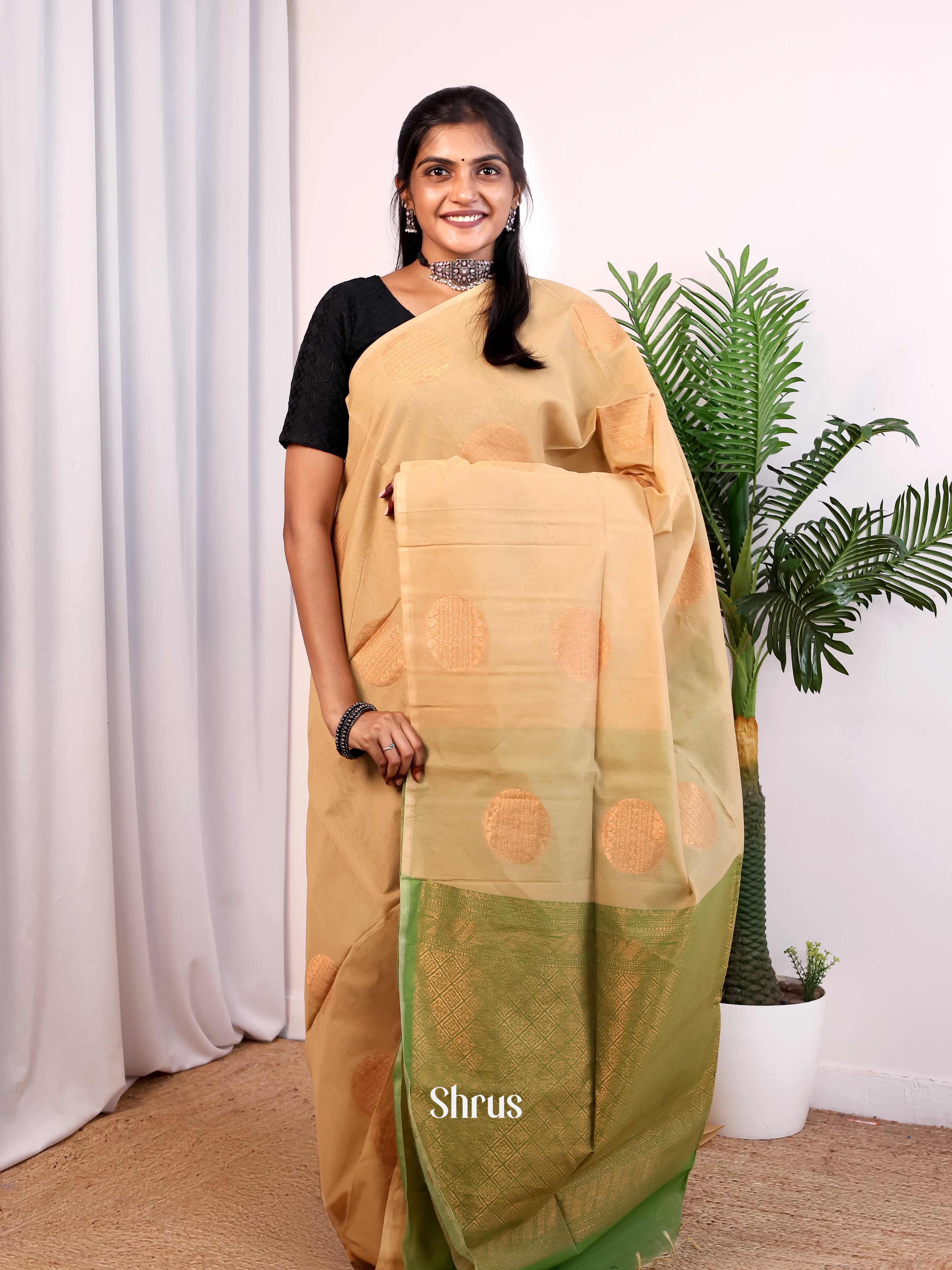 Beige & Green- Semi Silkcotton Saree - Shop on Shrus.com