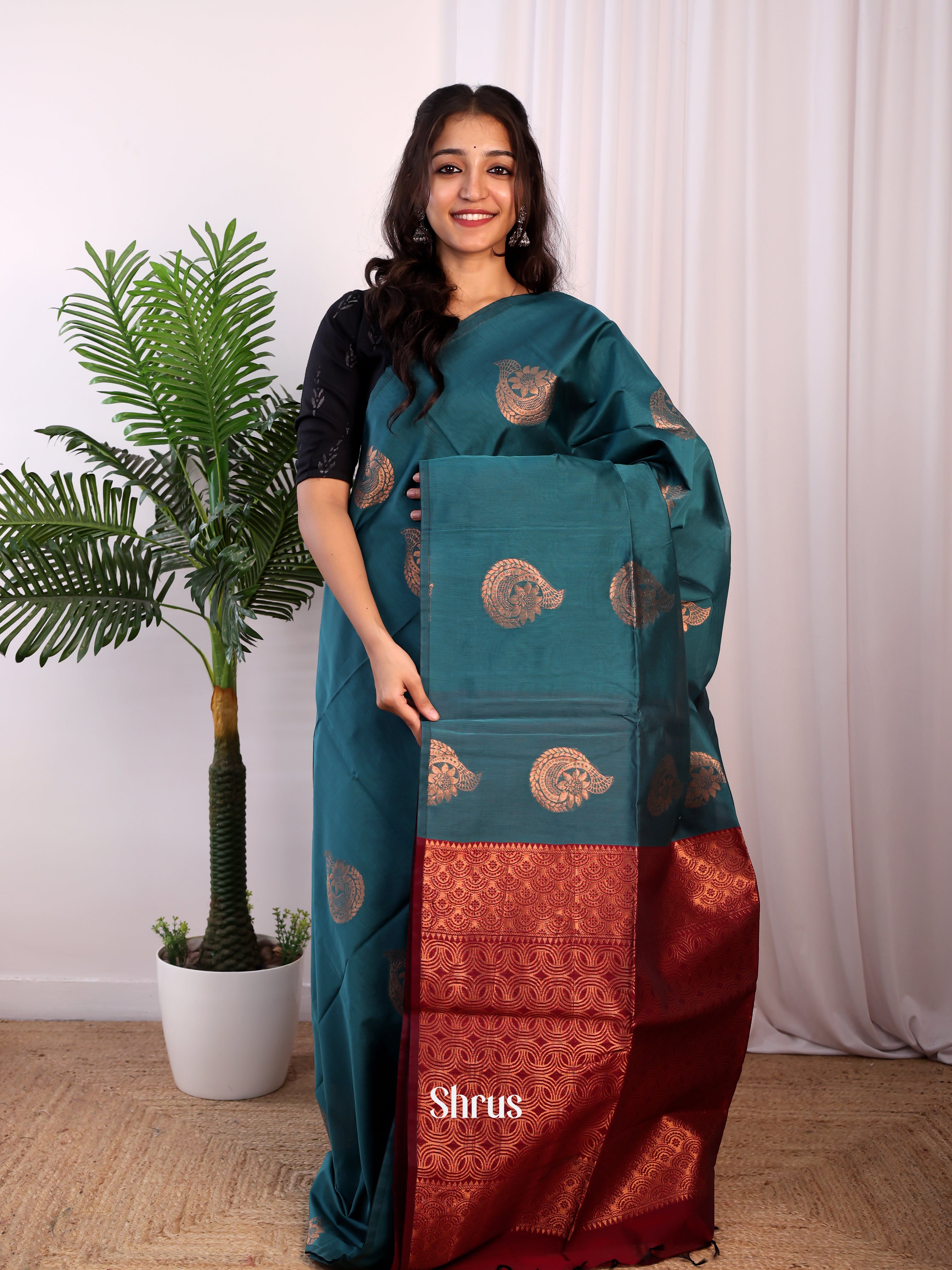 Teal & Maroon - Semi Silkcotton Saree - Shop on Shrus.com