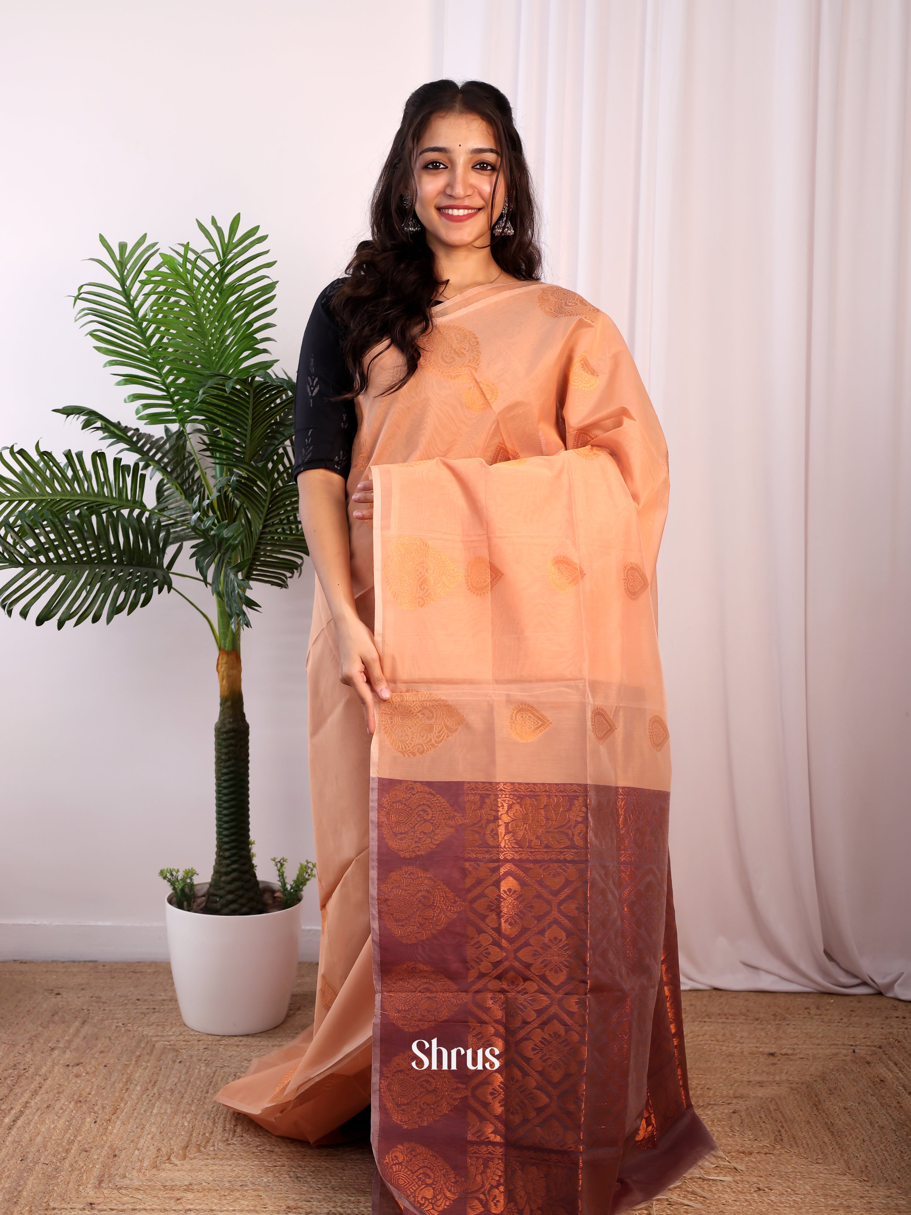 Peach & Maroon - Semi Silkcotton Saree - Shop on Shrus.com