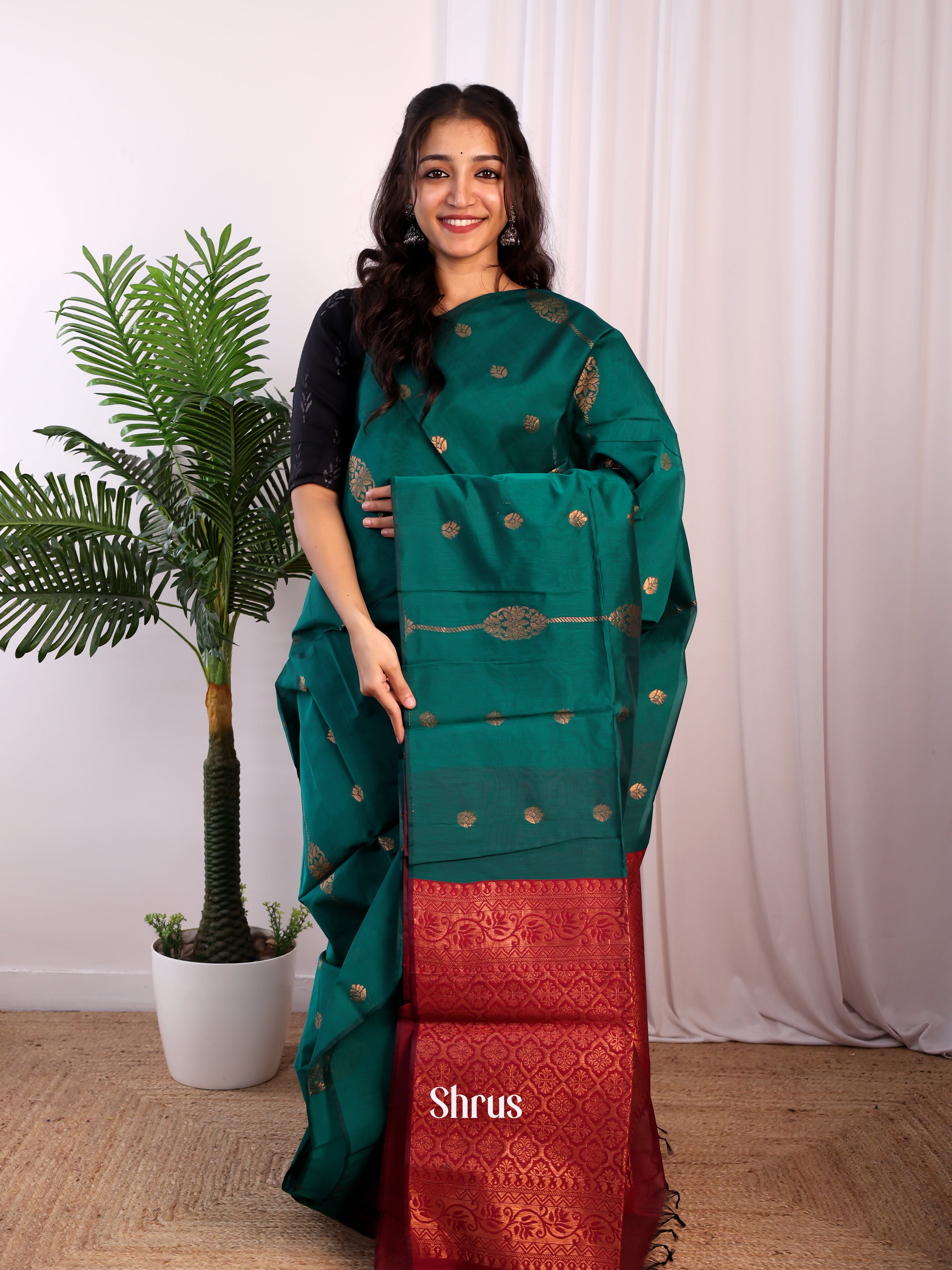 Emerald Green & Maroon - Semi Silkcotton Saree - Shop on Shrus.com