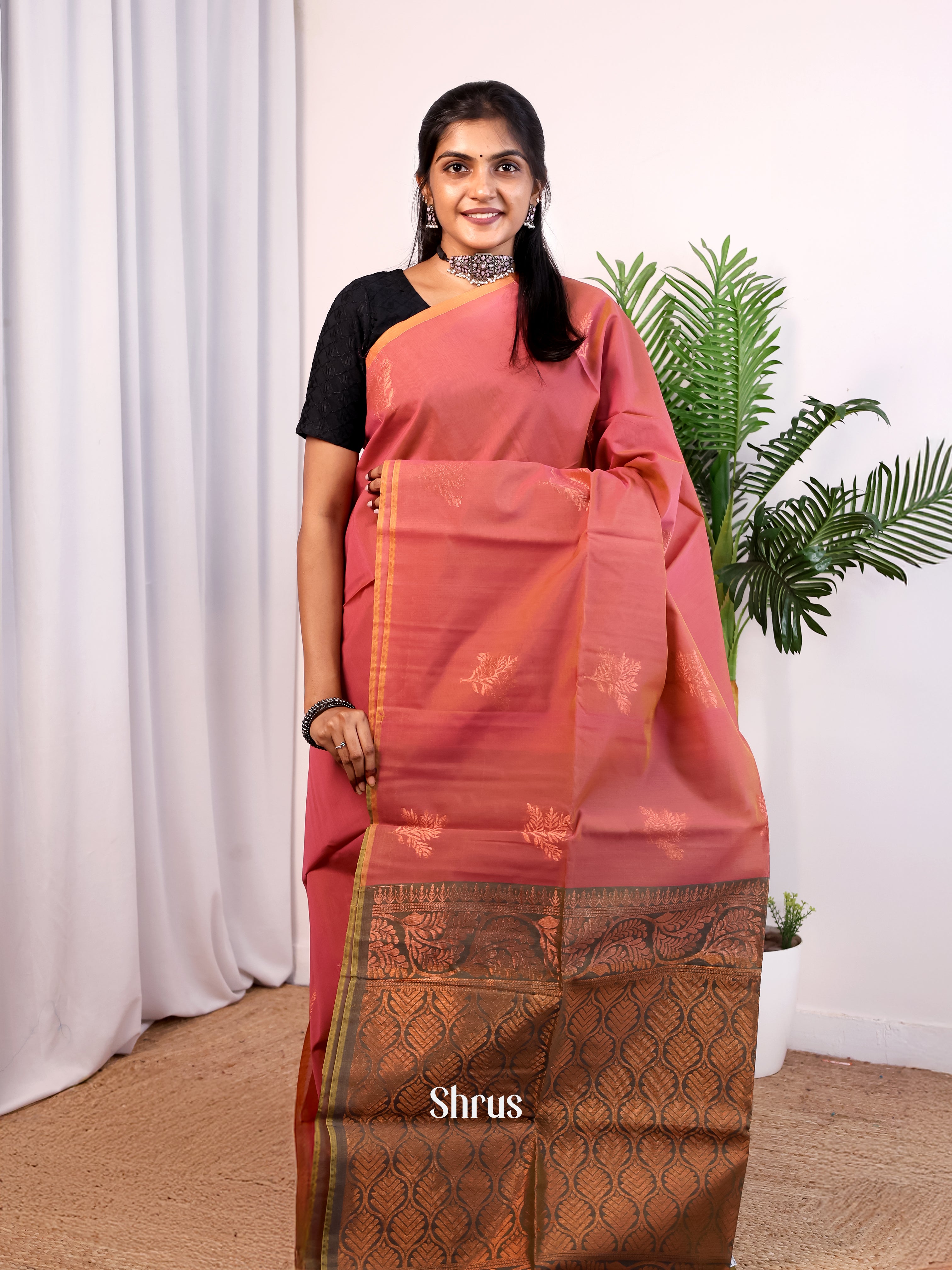 Pink & Grey - Semi Silkcotton Saree - Shop on Shrus.com