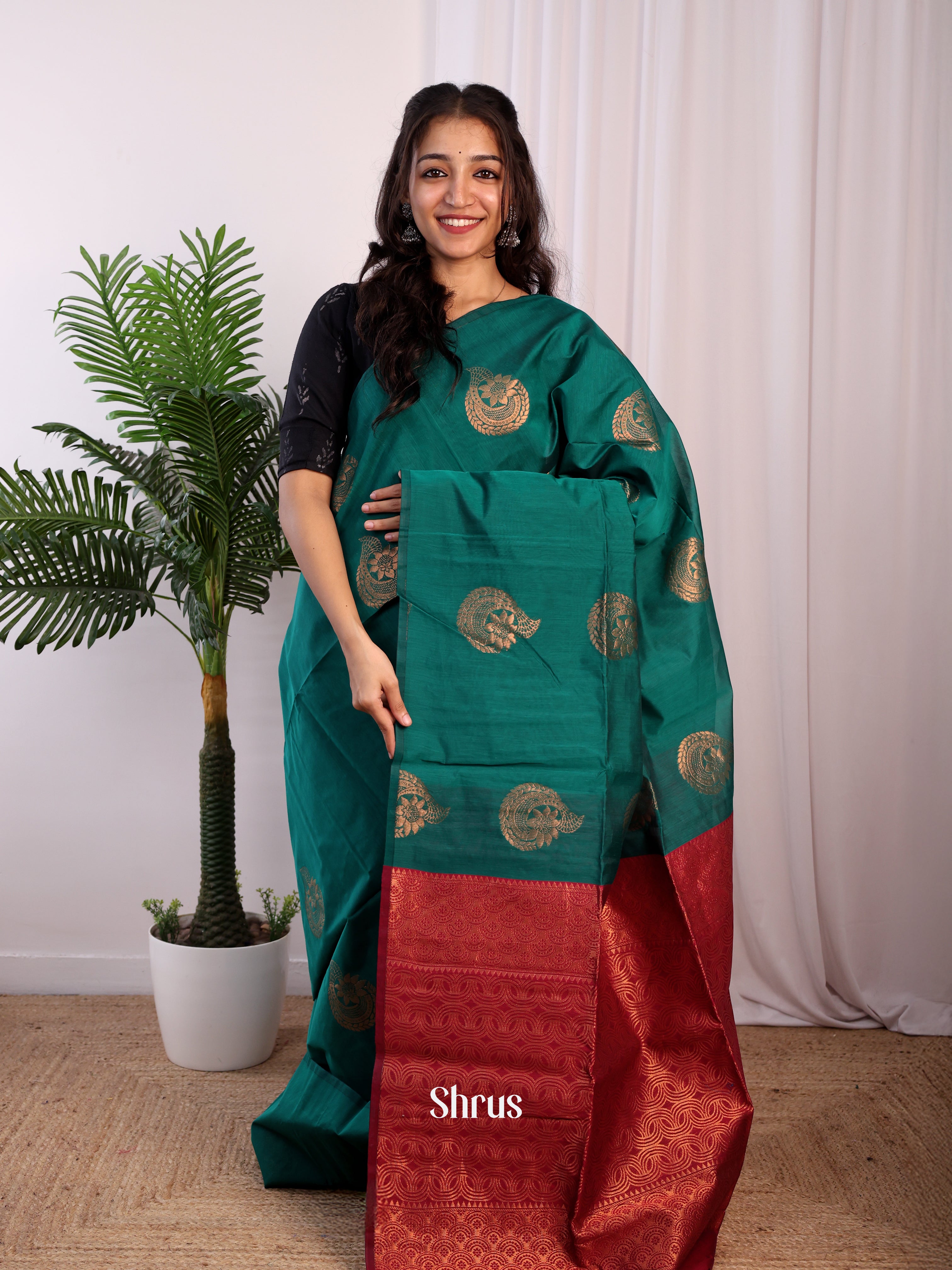 Teal & Red - Semi Silkcotton Saree - Shop on Shrus.com