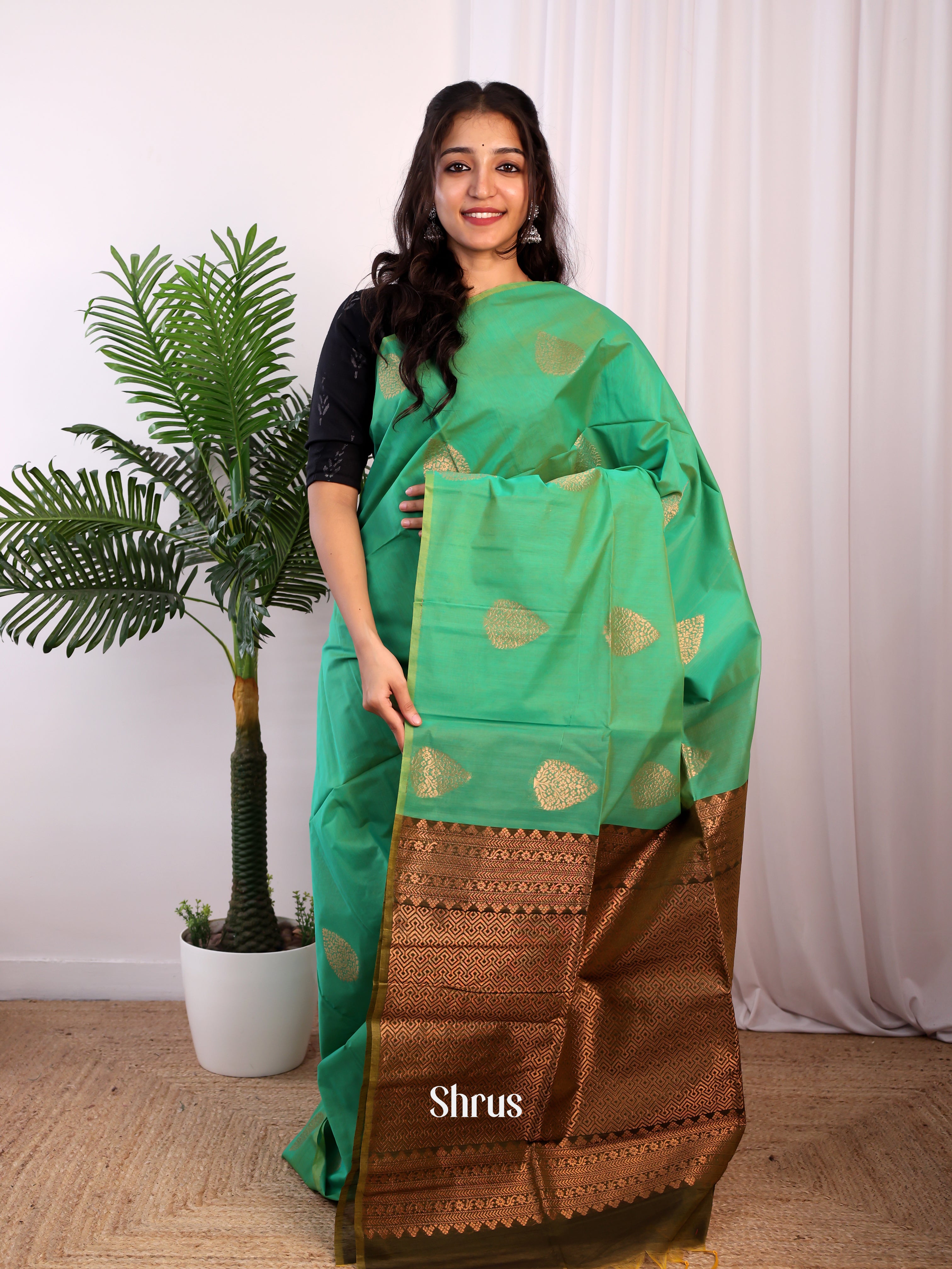 Green & Brown - Semi Silkcotton Saree - Shop on Shrus.com