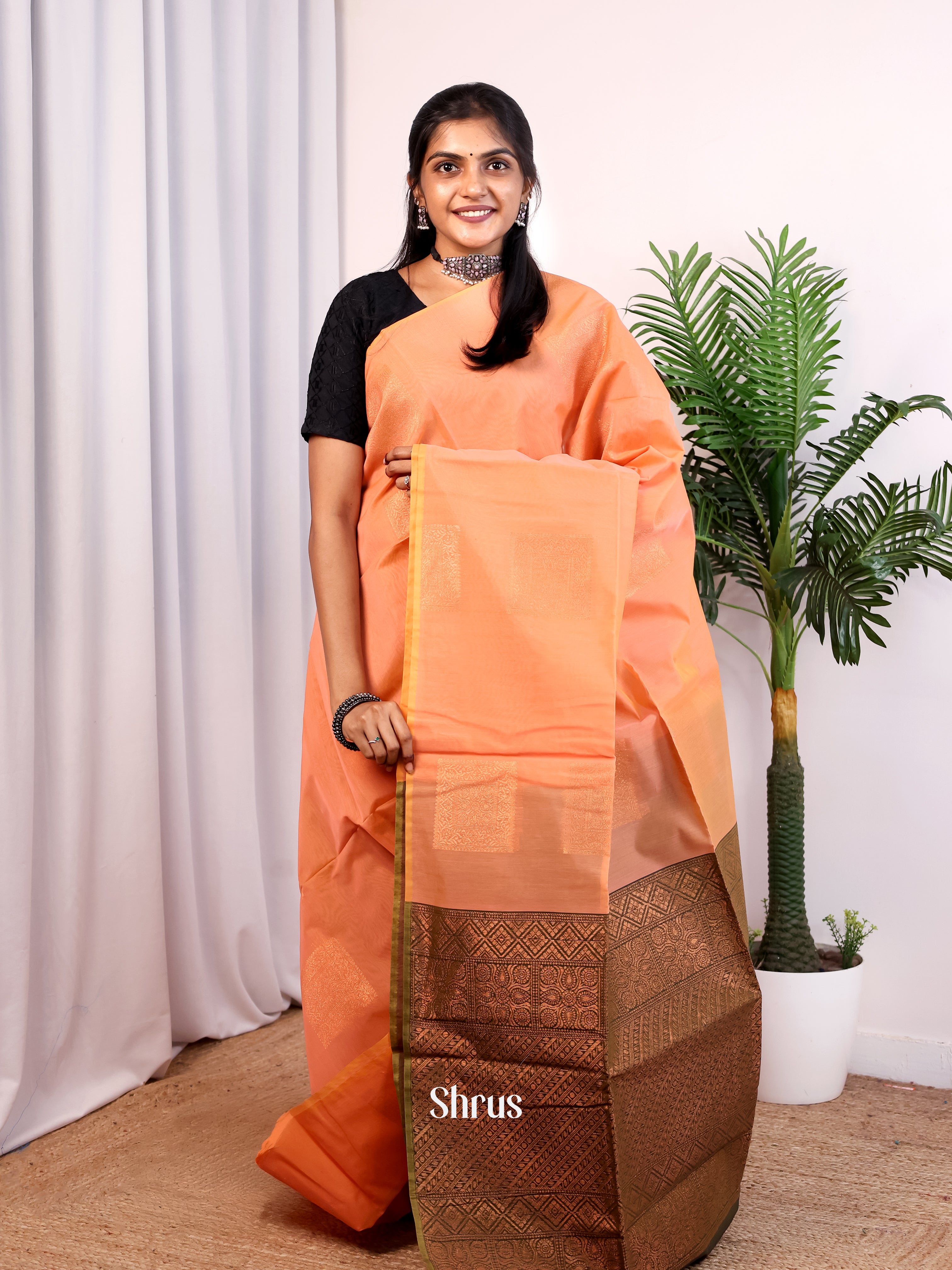 Peach & Green- Semi Silkcotton Saree - Shop on Shrus.com