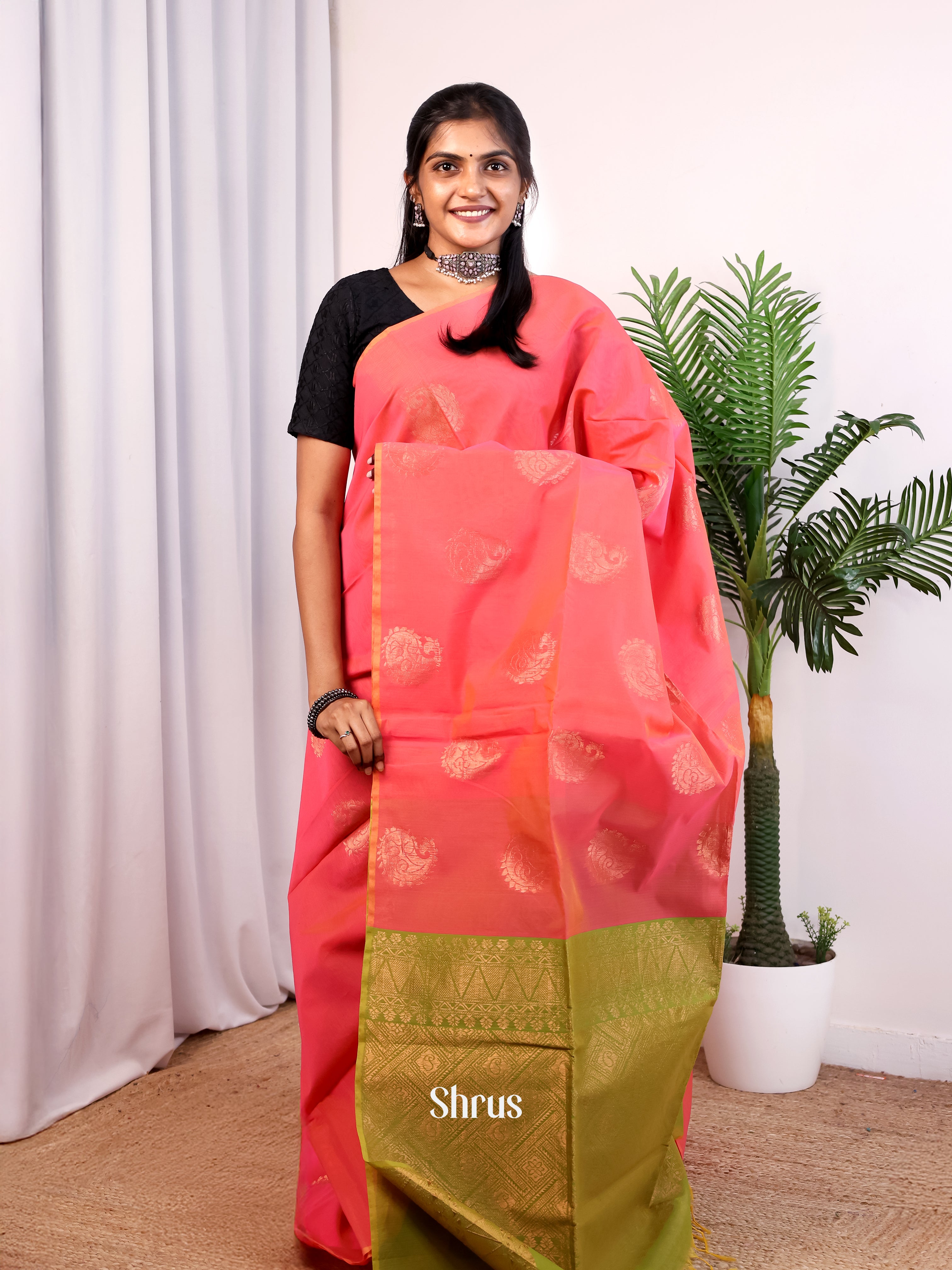 Pink & Green - Semi Silkcotton Saree - Shop on Shrus.com
