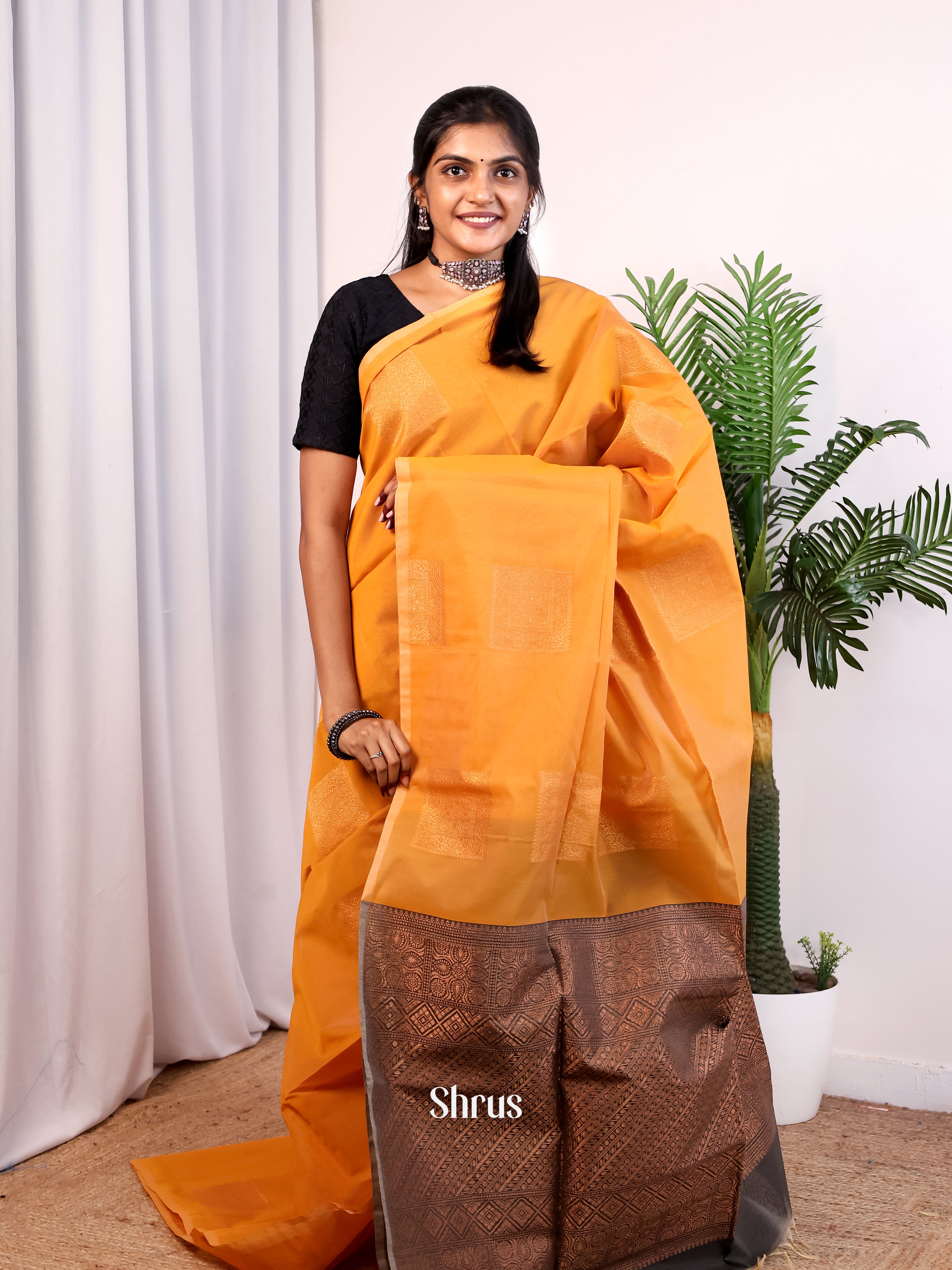 Mustard & Grey - Semi Silkcotton Saree - Shop on Shrus.com