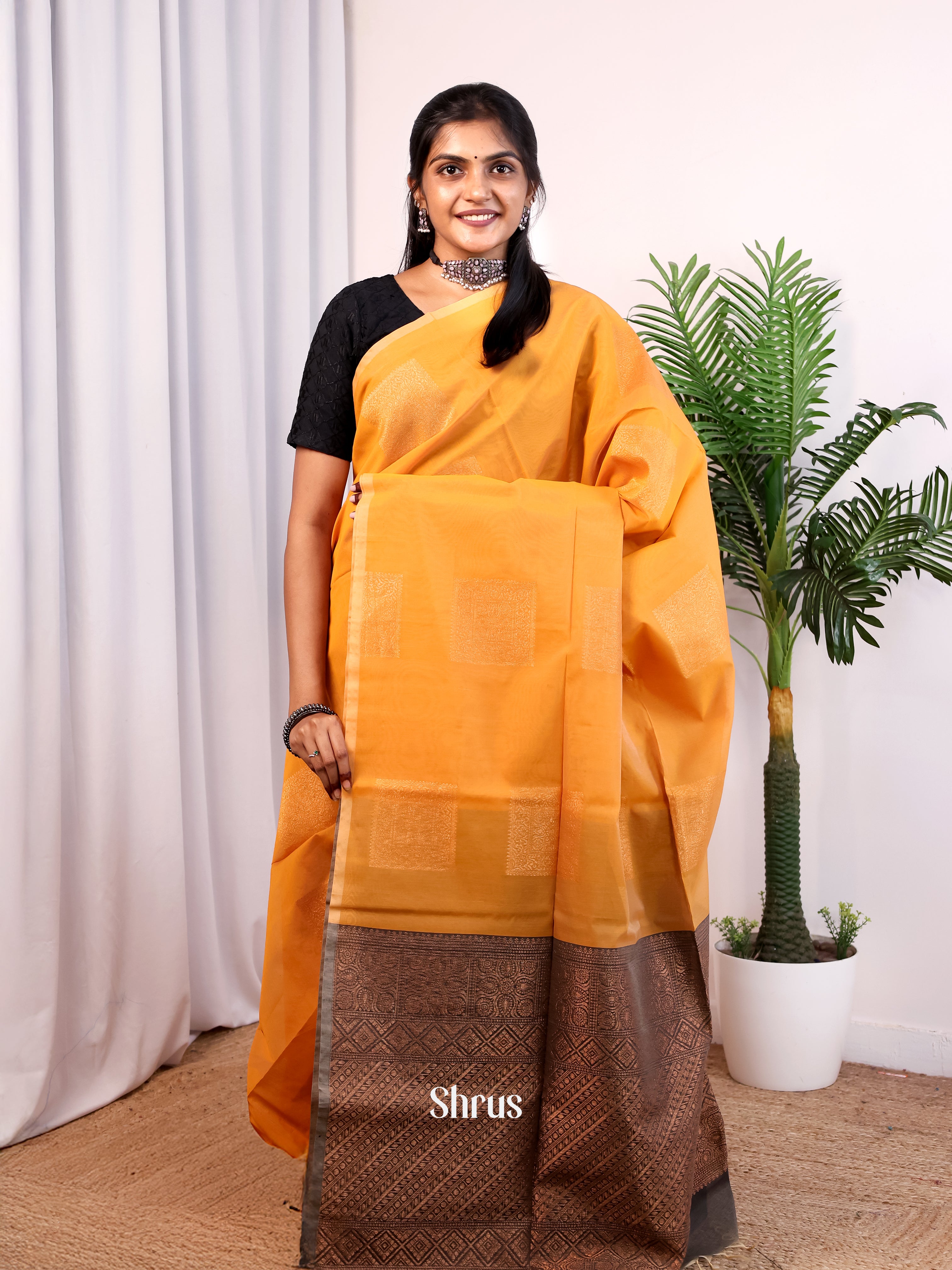 Mustard & Grey - Semi Silkcotton Saree - Shop on Shrus.com