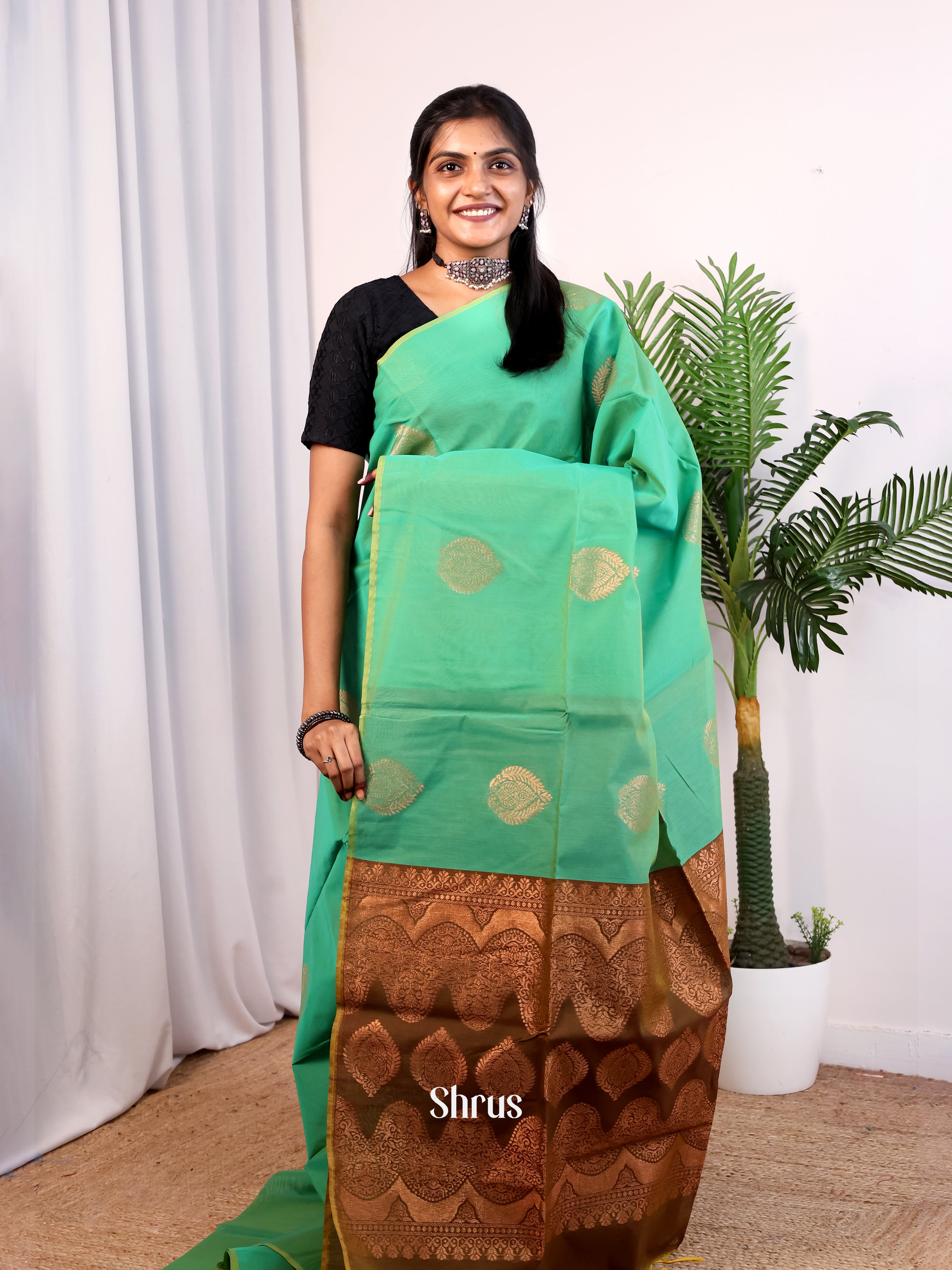 Green & Brown - Semi Silkcotton Saree - Shop on Shrus.com