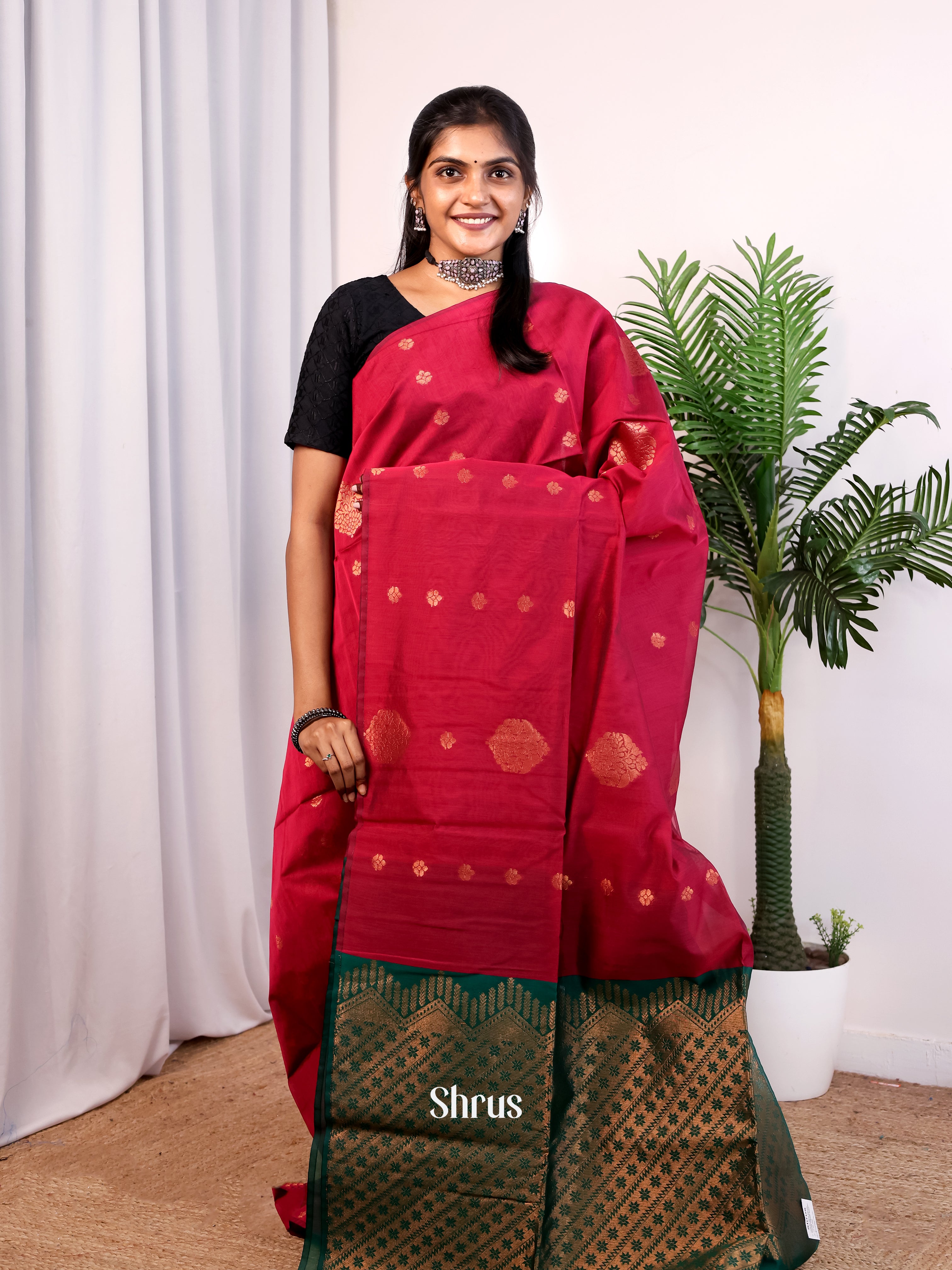 Red & Green - Semi Silkcotton Saree - Shop on Shrus.com