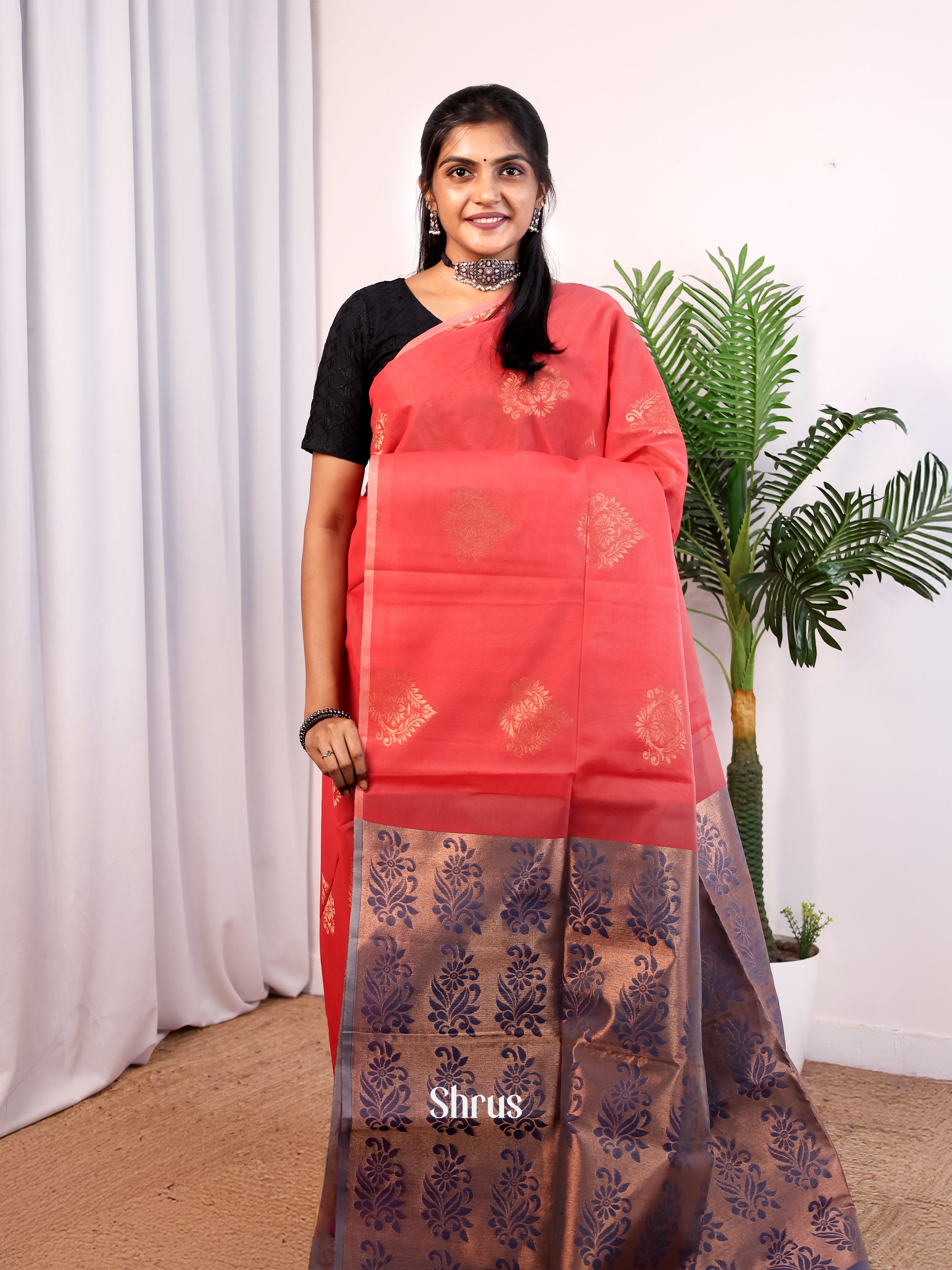 Pink & Blue - Semi Silkcotton Saree - Shop on Shrus.com
