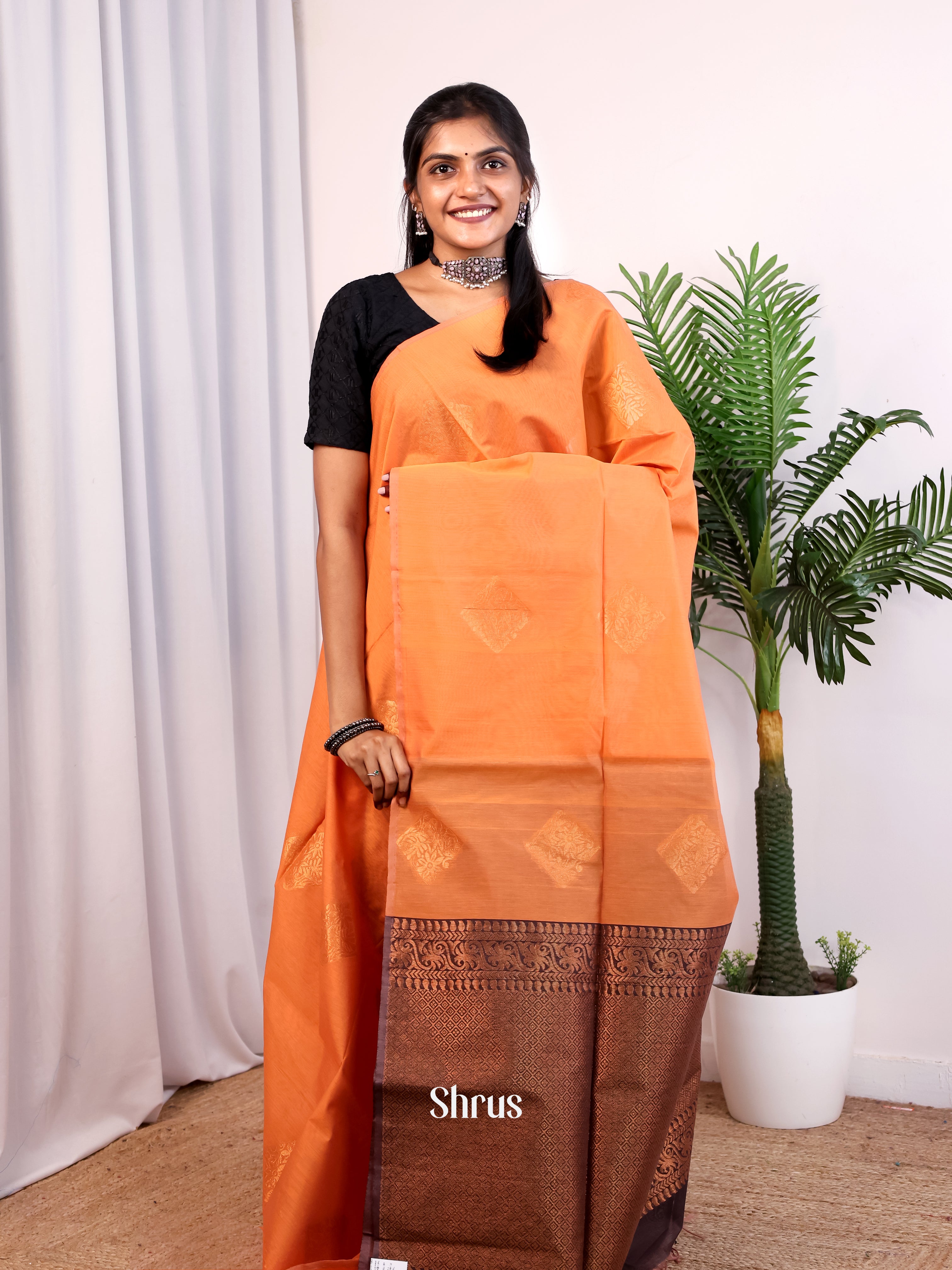 Orange & Brown- Semi Silkcotton Saree - Shop on Shrus.com