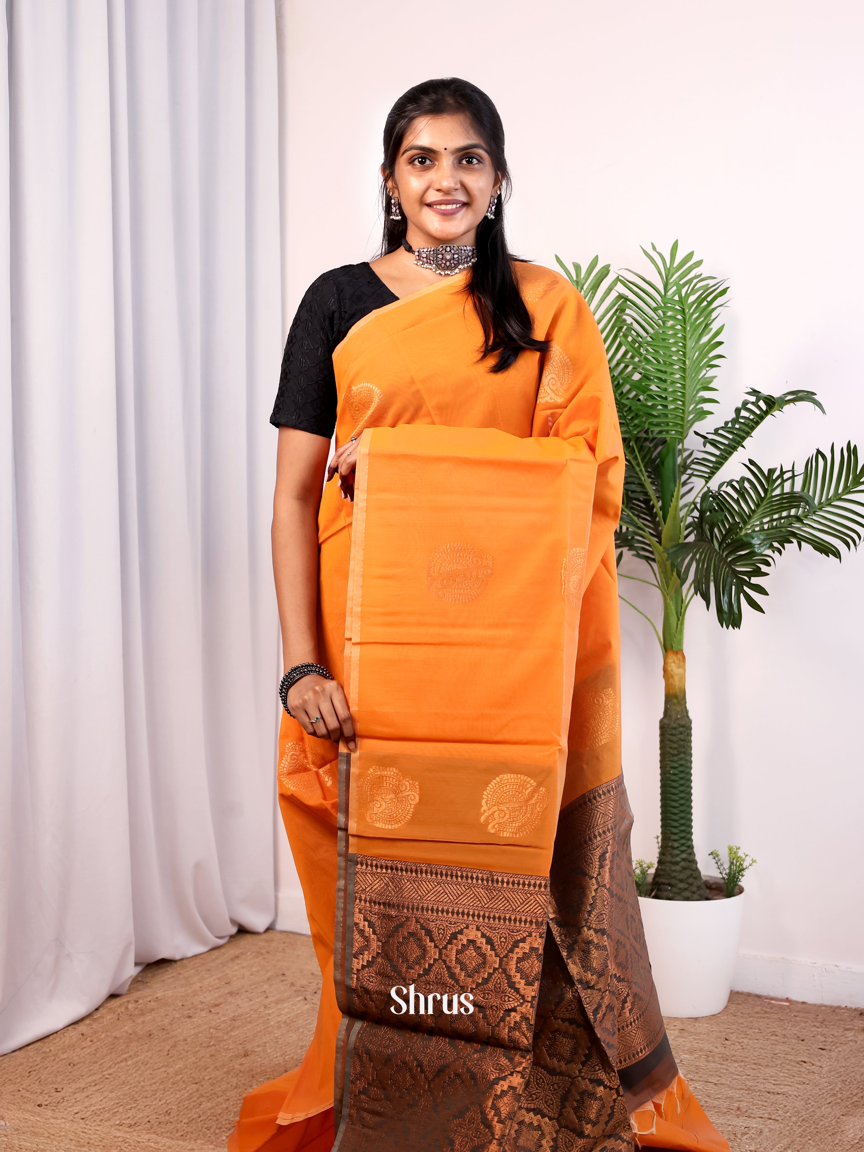 Orange & Grey - Semi Silkcotton Saree - Shop on Shrus.com