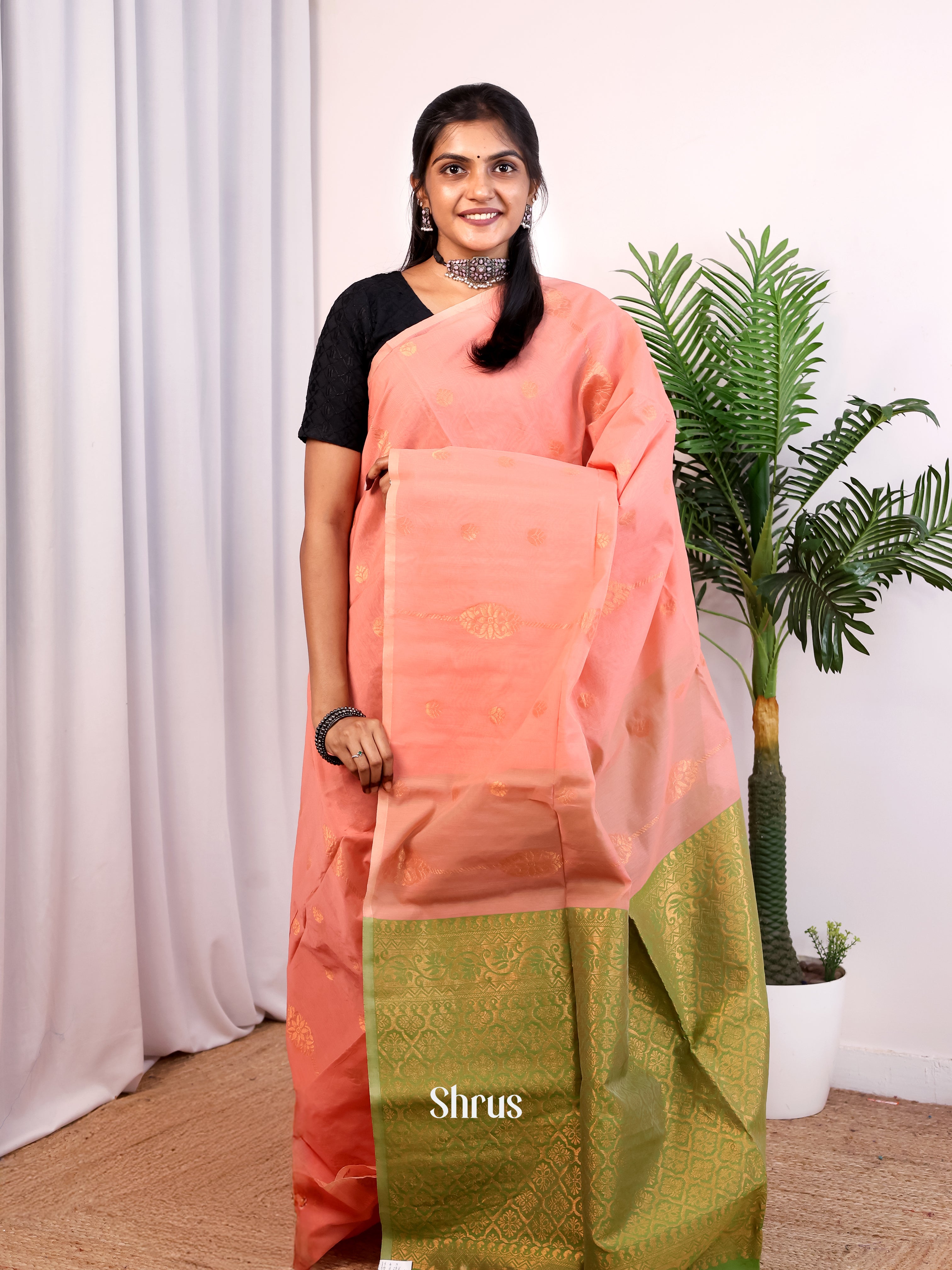 Pink & Green - Semi Silkcotton Saree - Shop on Shrus.com
