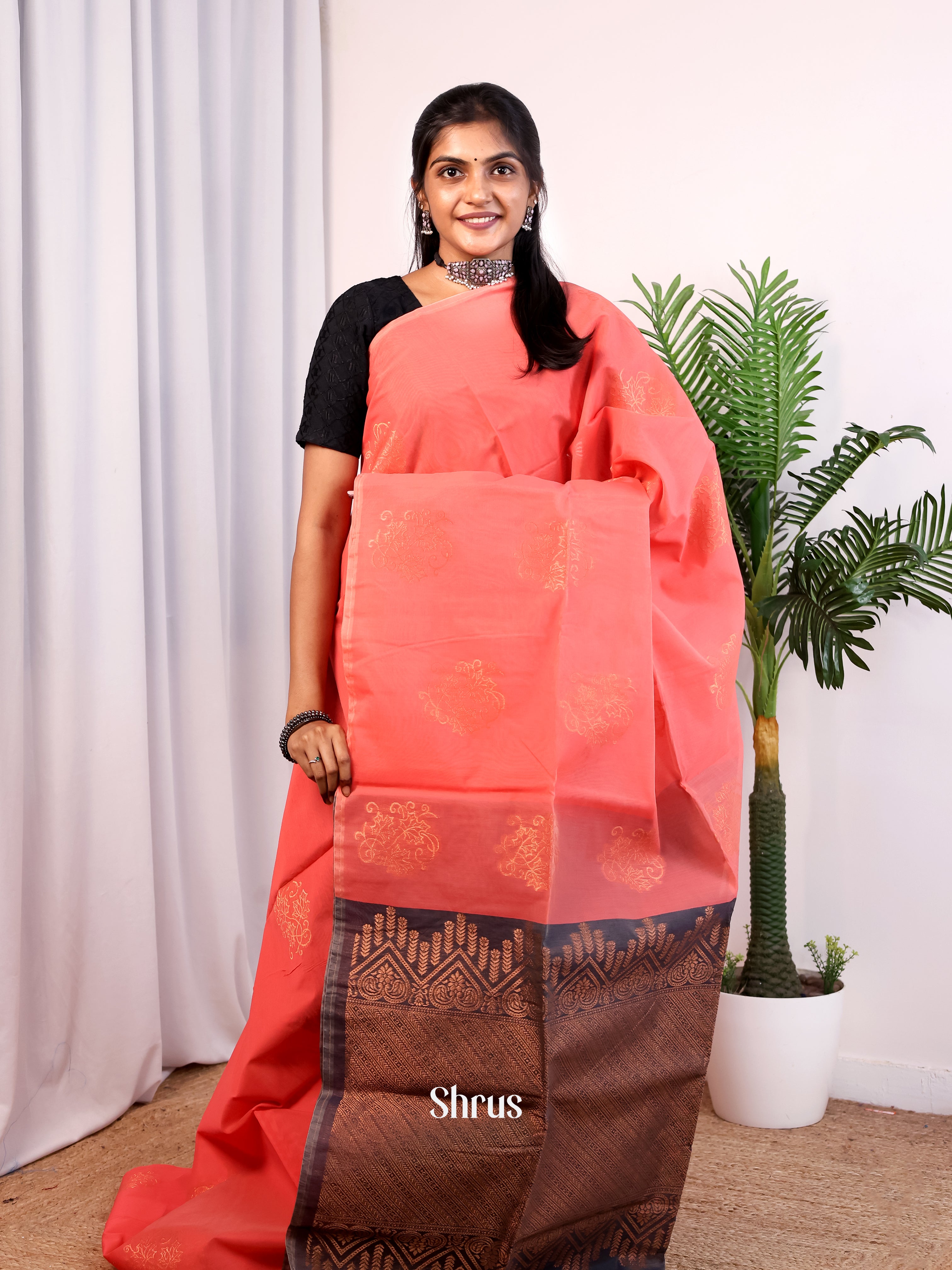 Pink & Black - Semi Silkcotton Saree - Shop on Shrus.com