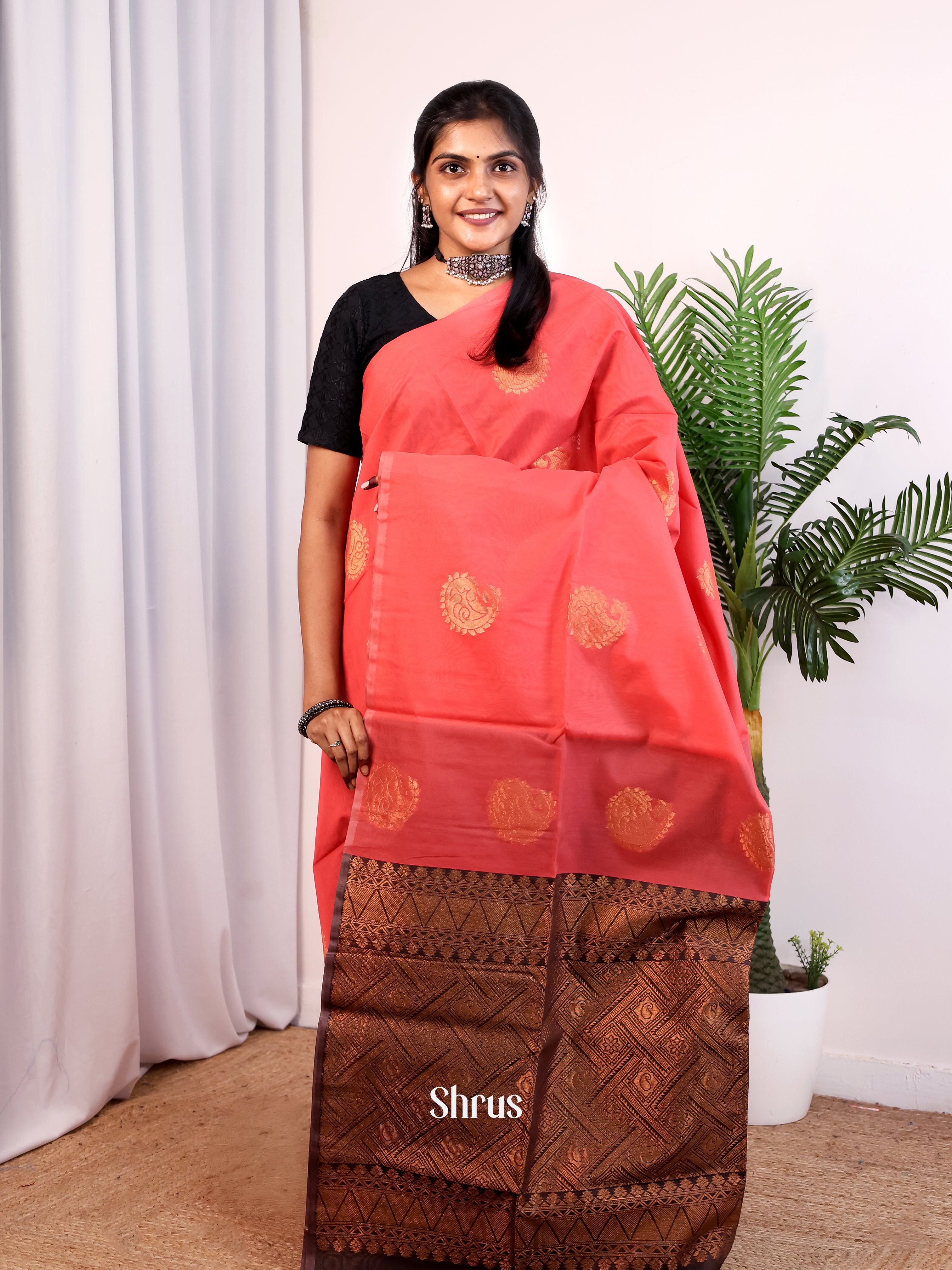 Pink & Brown - Semi Silkcotton Saree - Shop on Shrus.com