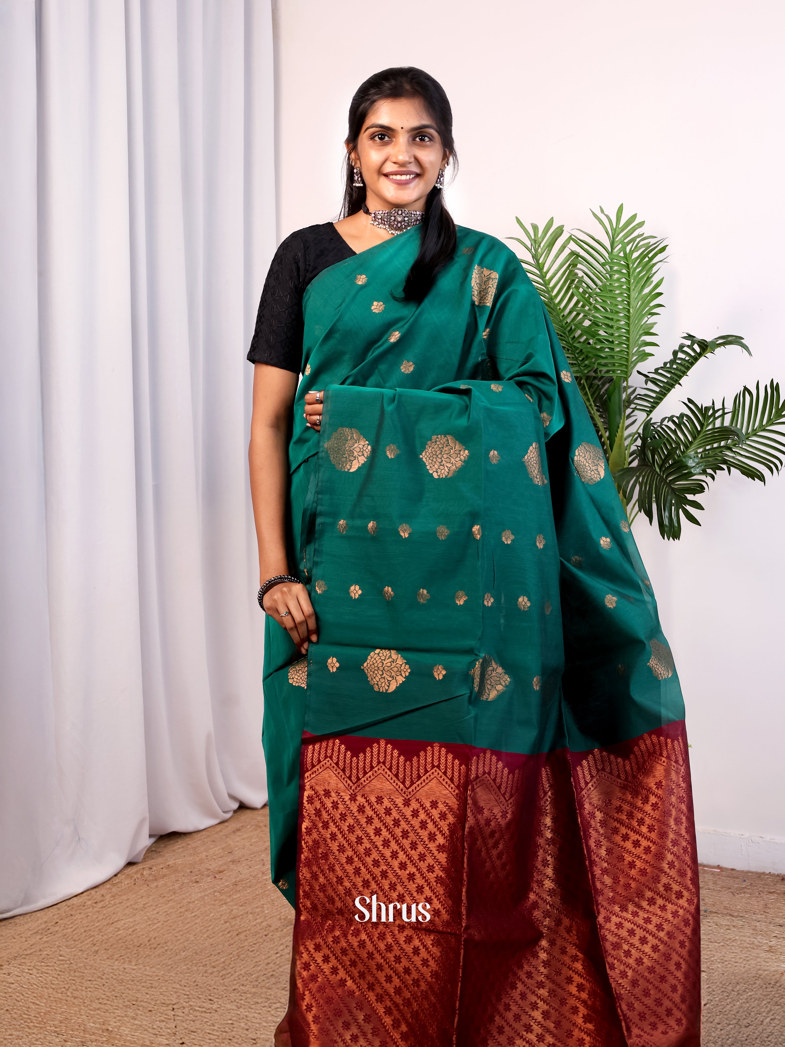 Green & Maroon - Semi Silkcotton Saree - Shop on Shrus.com