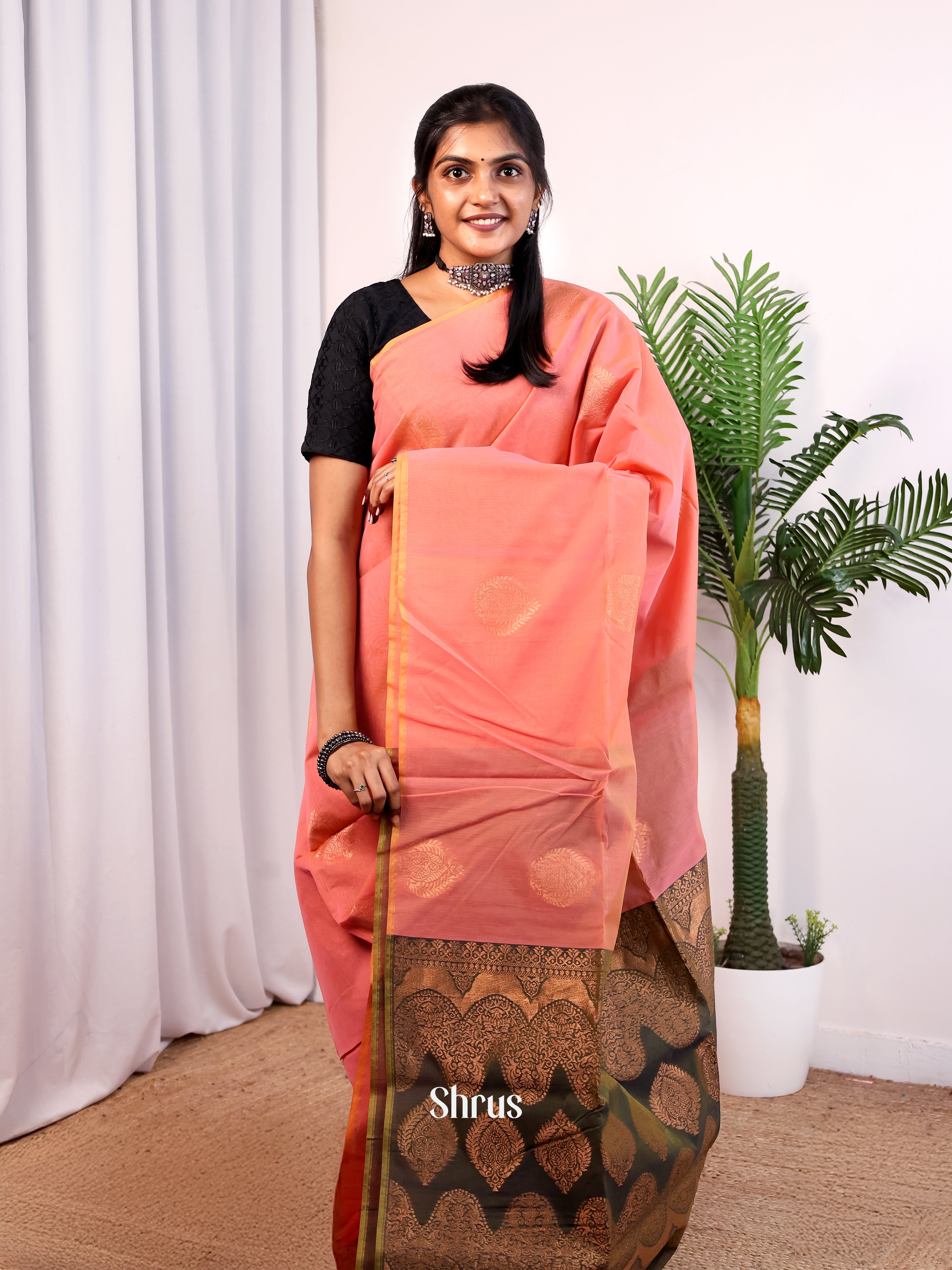 Pink & Green - Semi Silkcotton Saree - Shop on Shrus.com