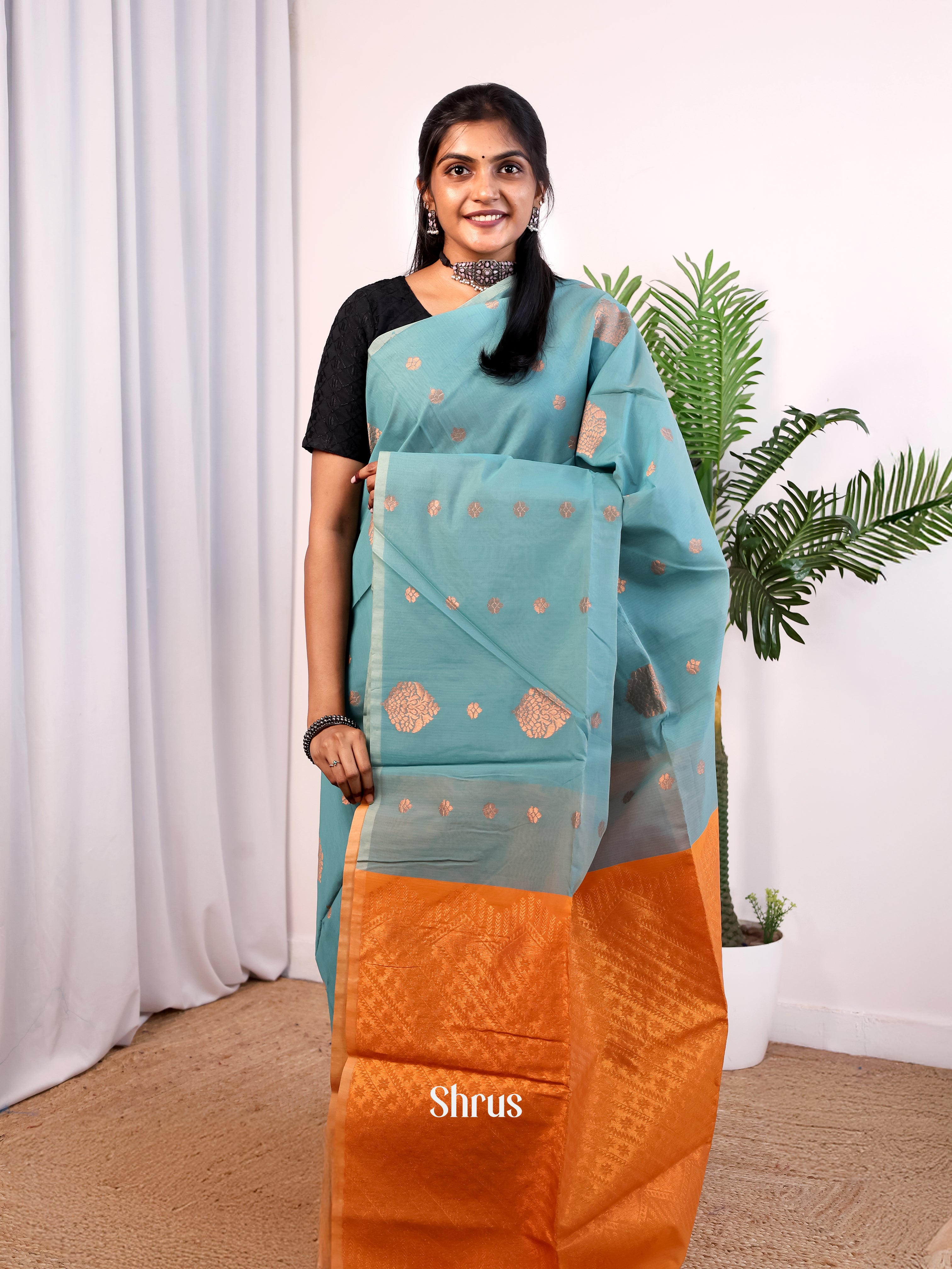 Blue & Brick - Semi Silkcotton Saree - Shop on Shrus.com