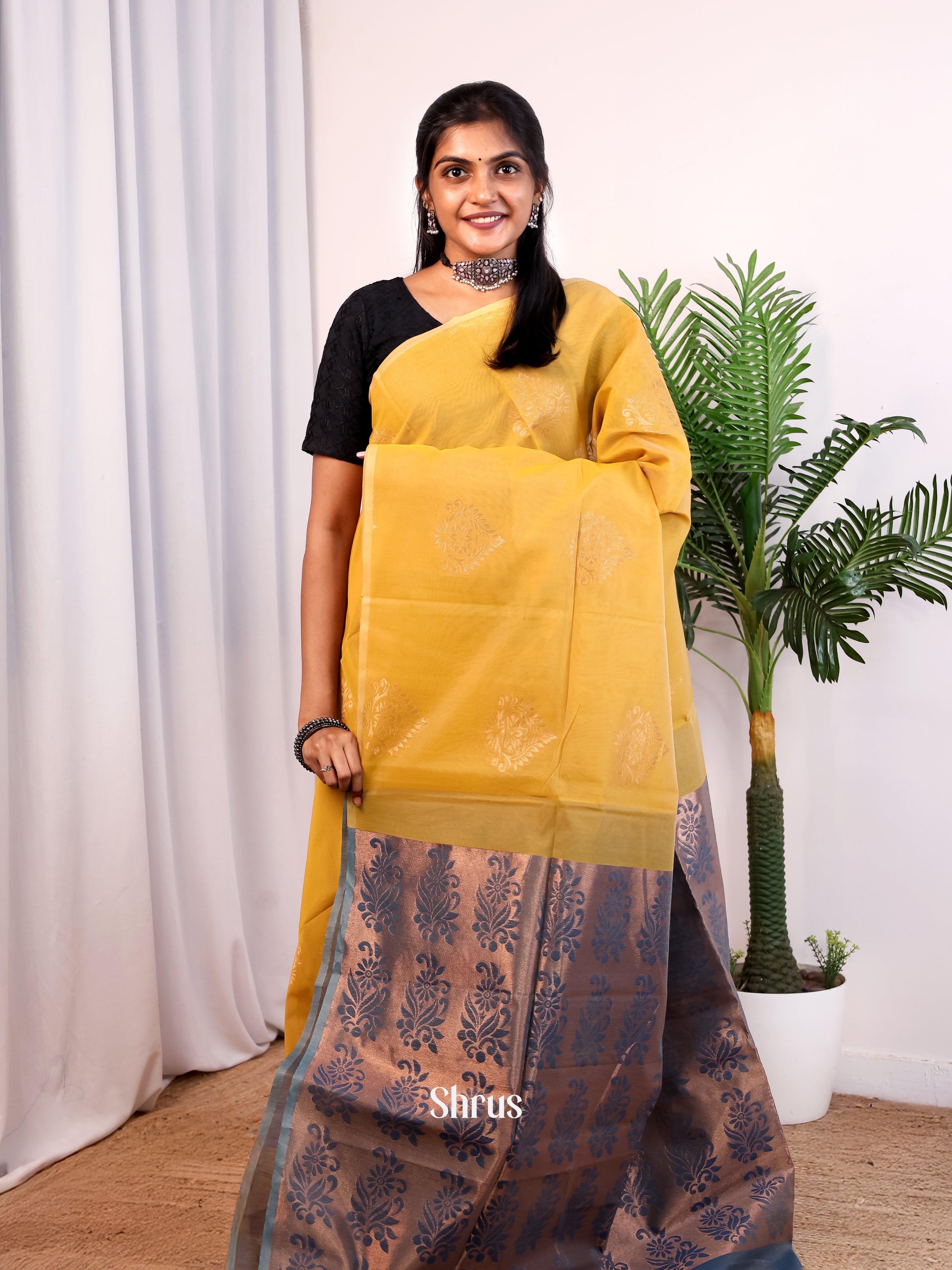 Mustard & Grey - Semi Silkcotton Saree - Shop on Shrus.com