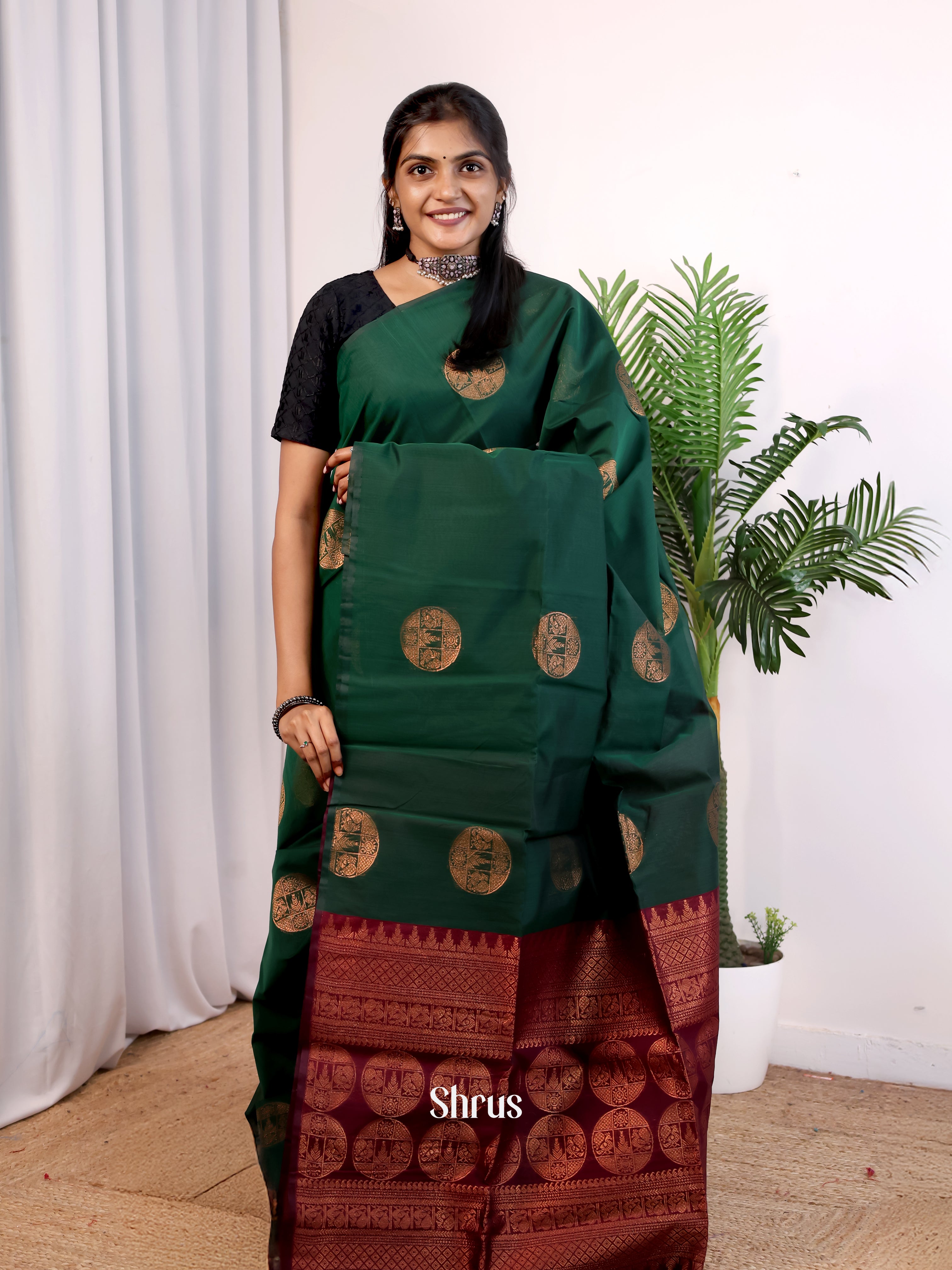 Green & Maroon- Semi Silkcotton Saree - Shop on Shrus.com