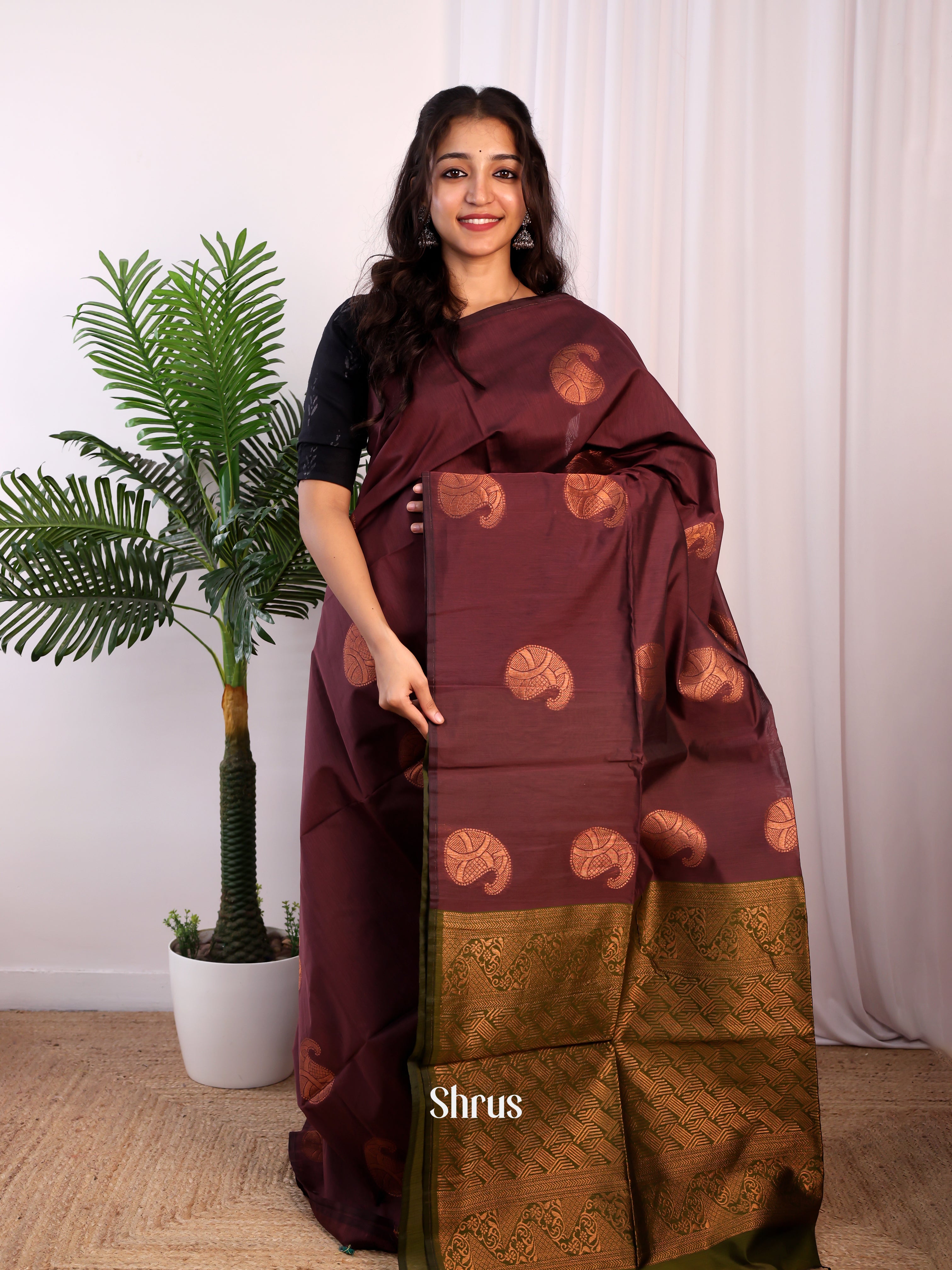 Maroon & Green - Semi Silkcotton Saree - Shop on Shrus.com