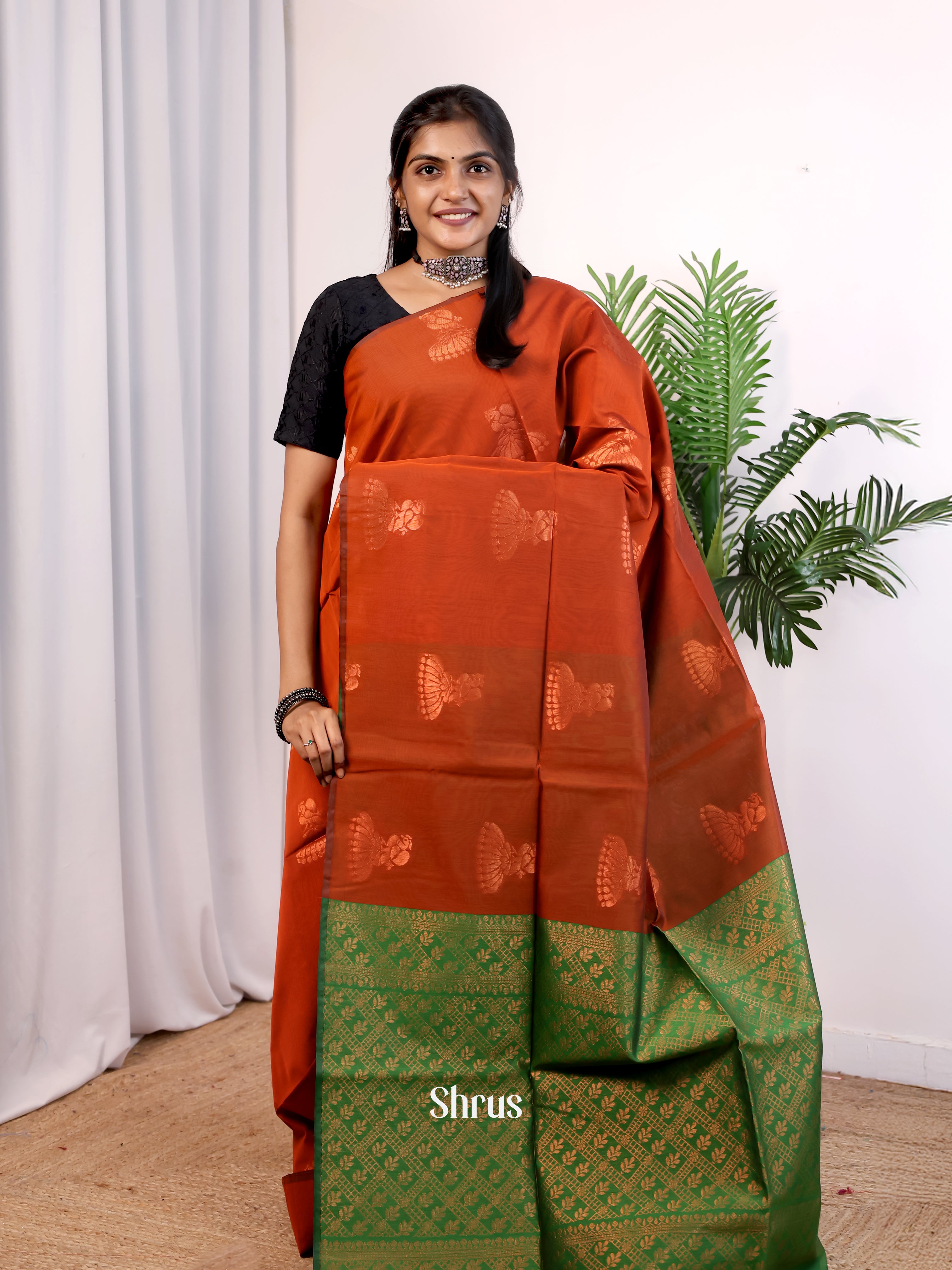 Brick & Green - Semi Silkcotton Saree - Shop on Shrus.com