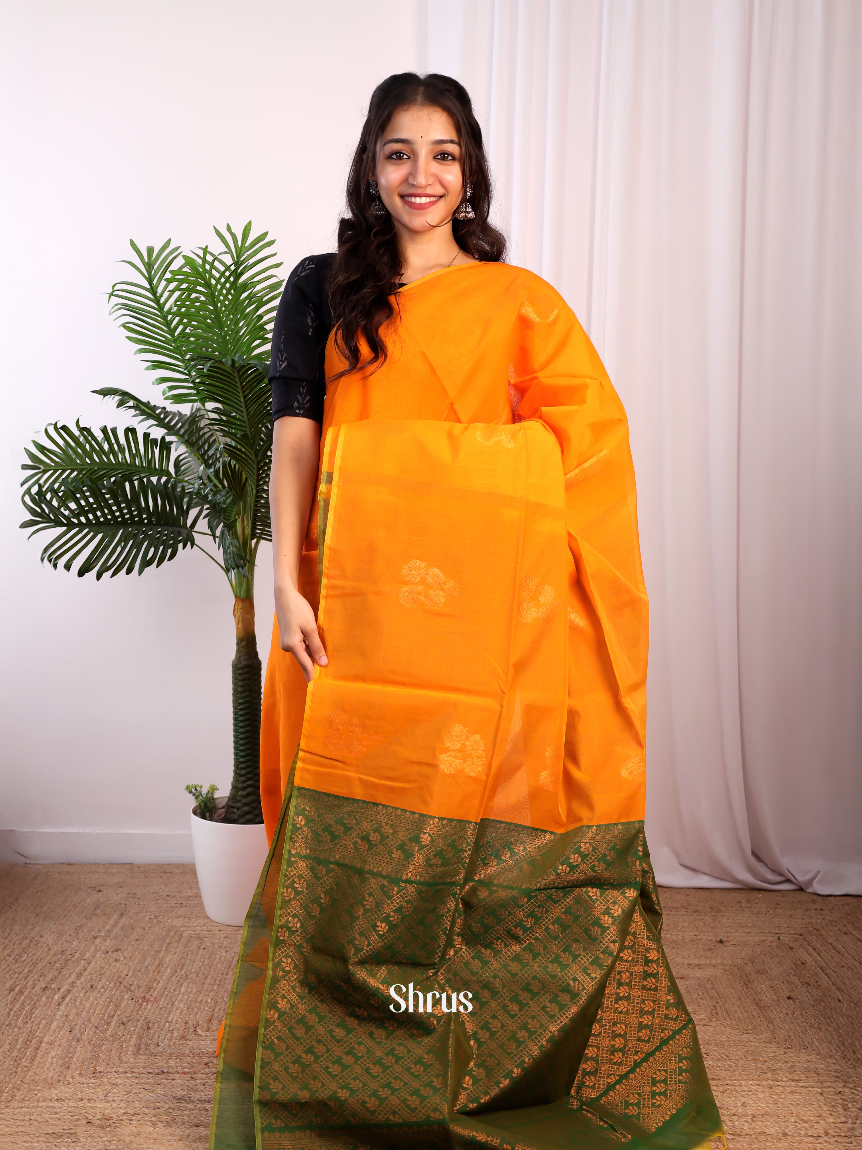 Orange & Green - Semi Silkcotton Saree - Shop on Shrus.com