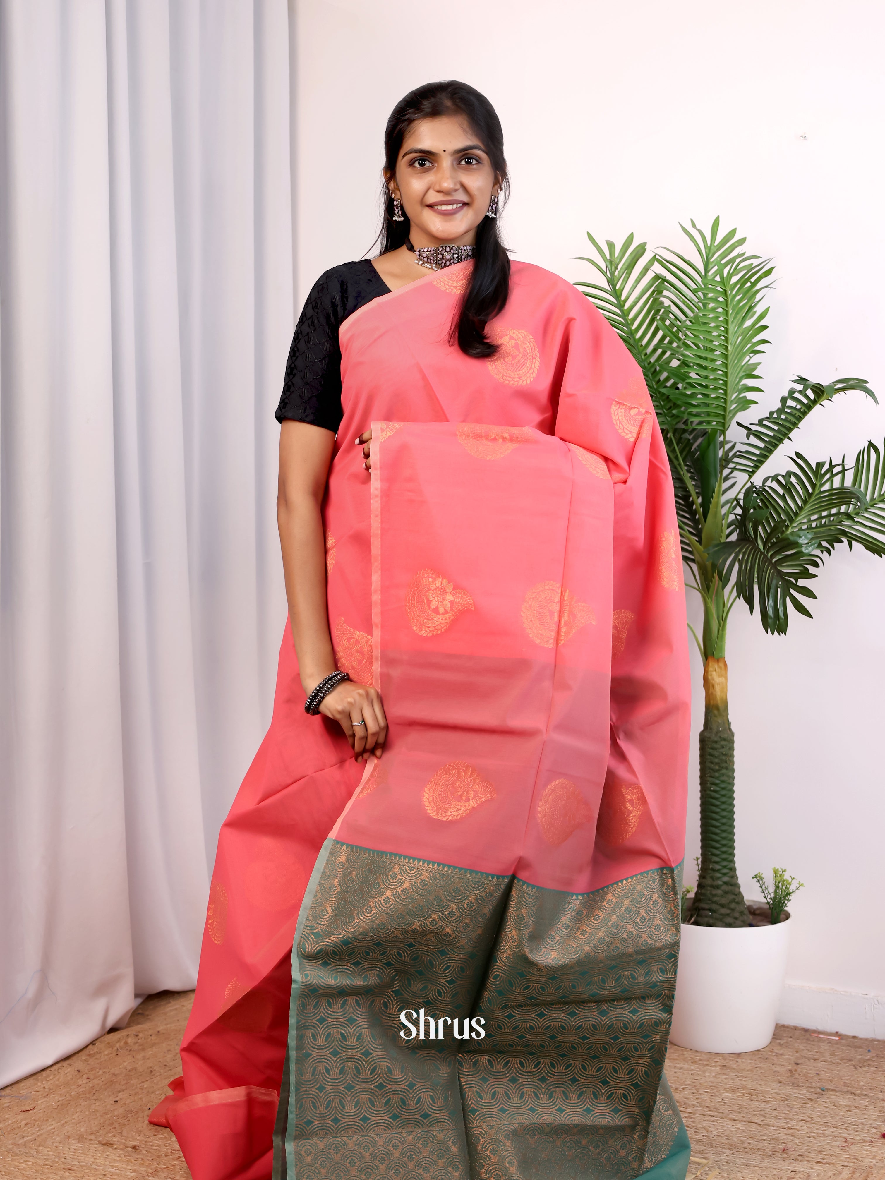 Pink & Green - Semi Silkcotton Saree - Shop on Shrus.com