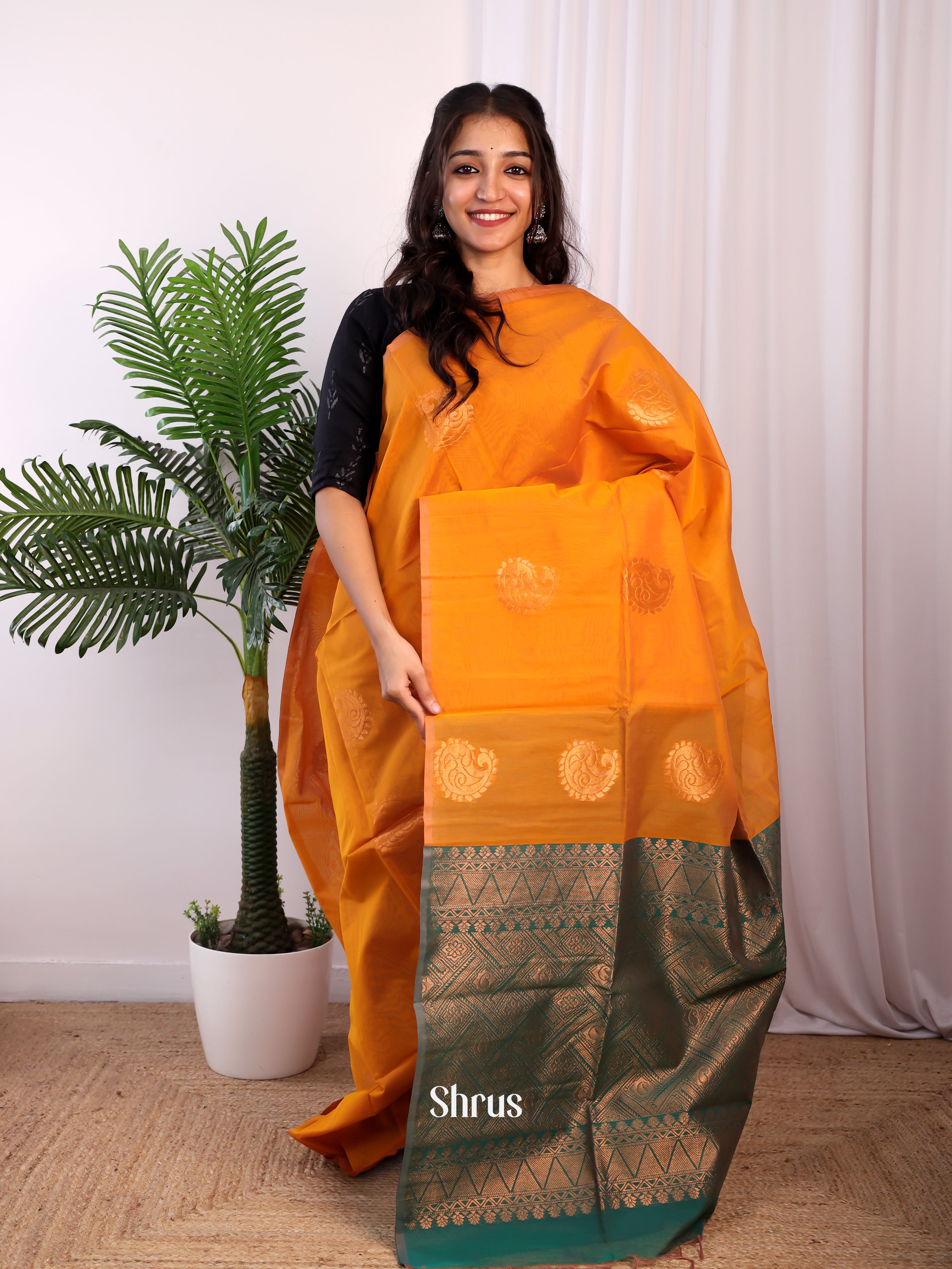 Orange & Green - Semi Silkcotton Saree - Shop on Shrus.com