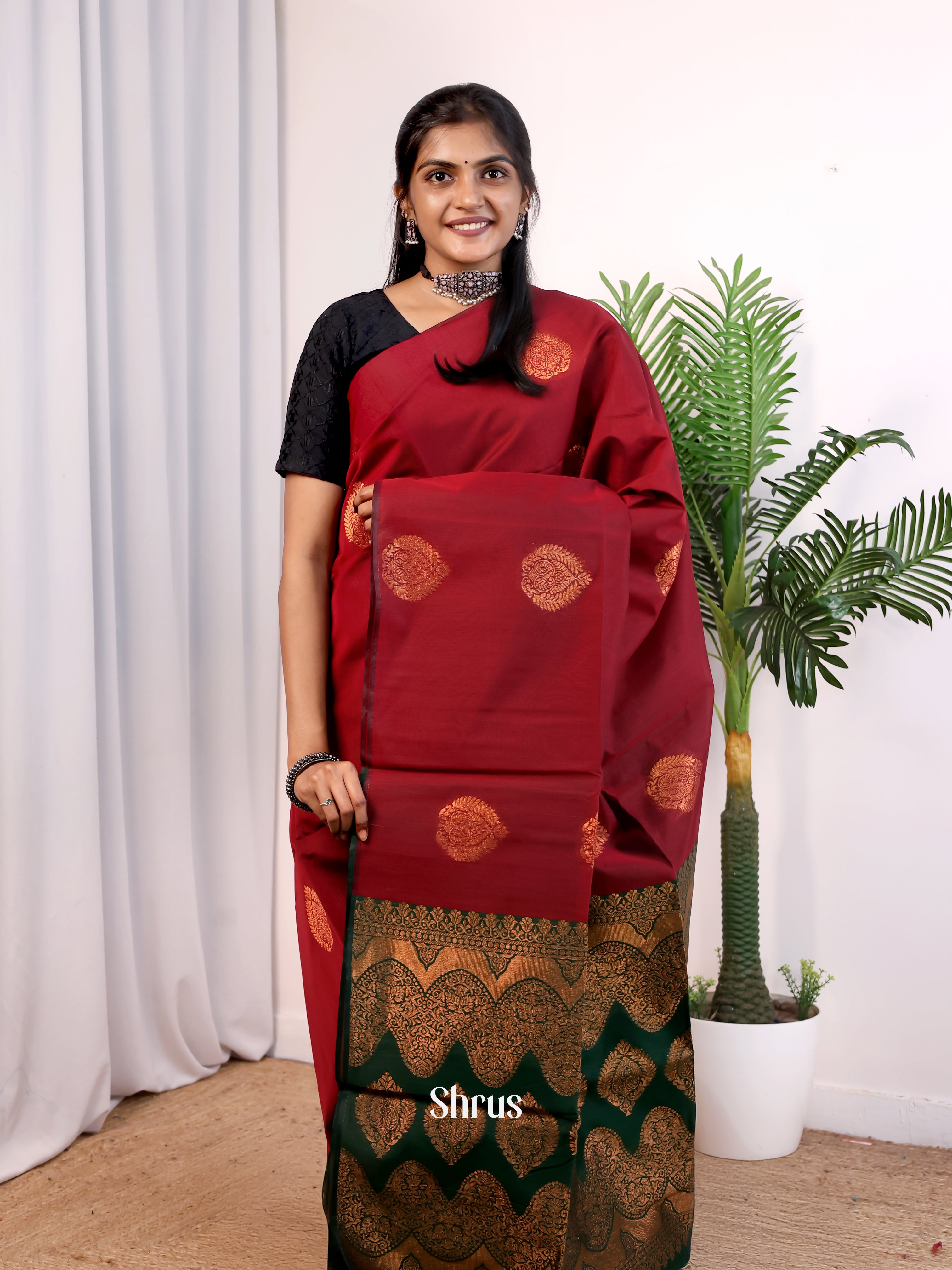Maroon & Green - Semi Silkcotton Saree - Shop on Shrus.com