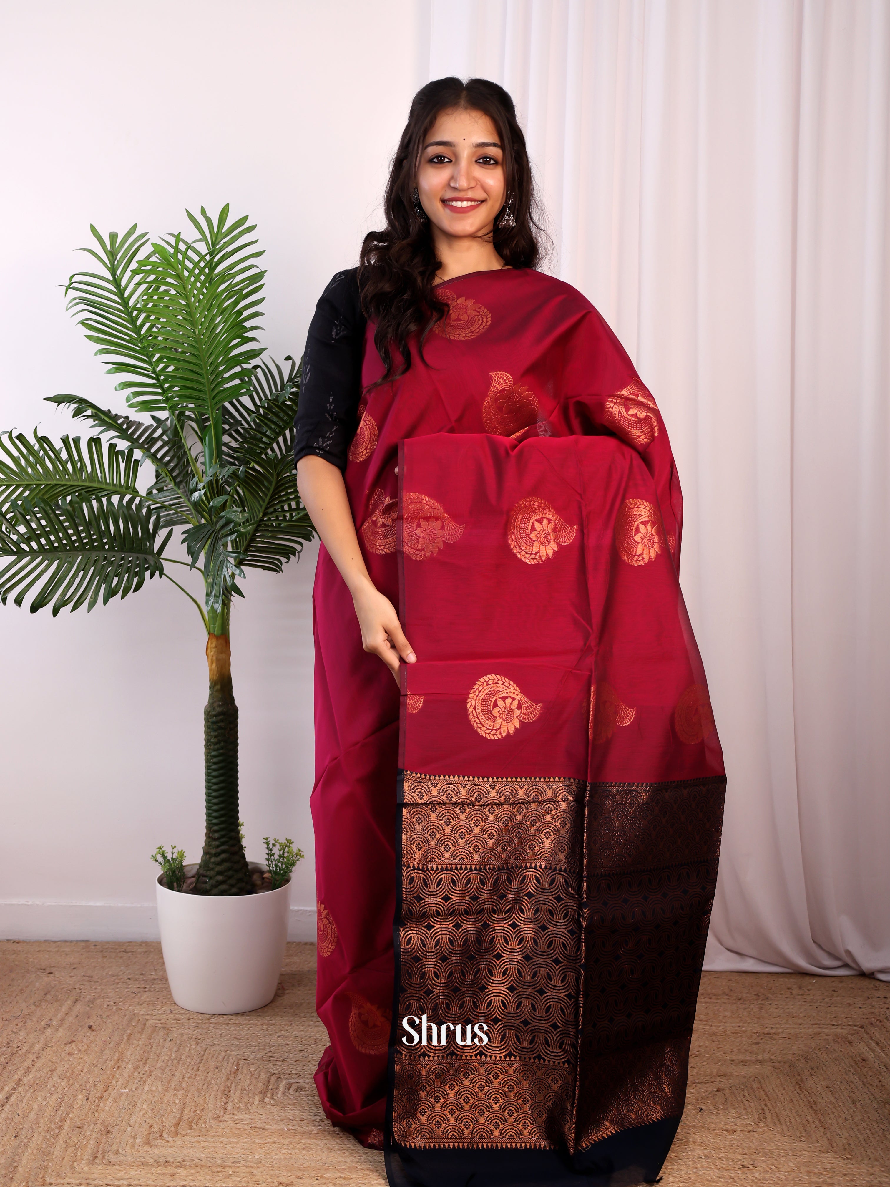 Maroon & Black - Semi Silkcotton Saree - Shop on Shrus.com